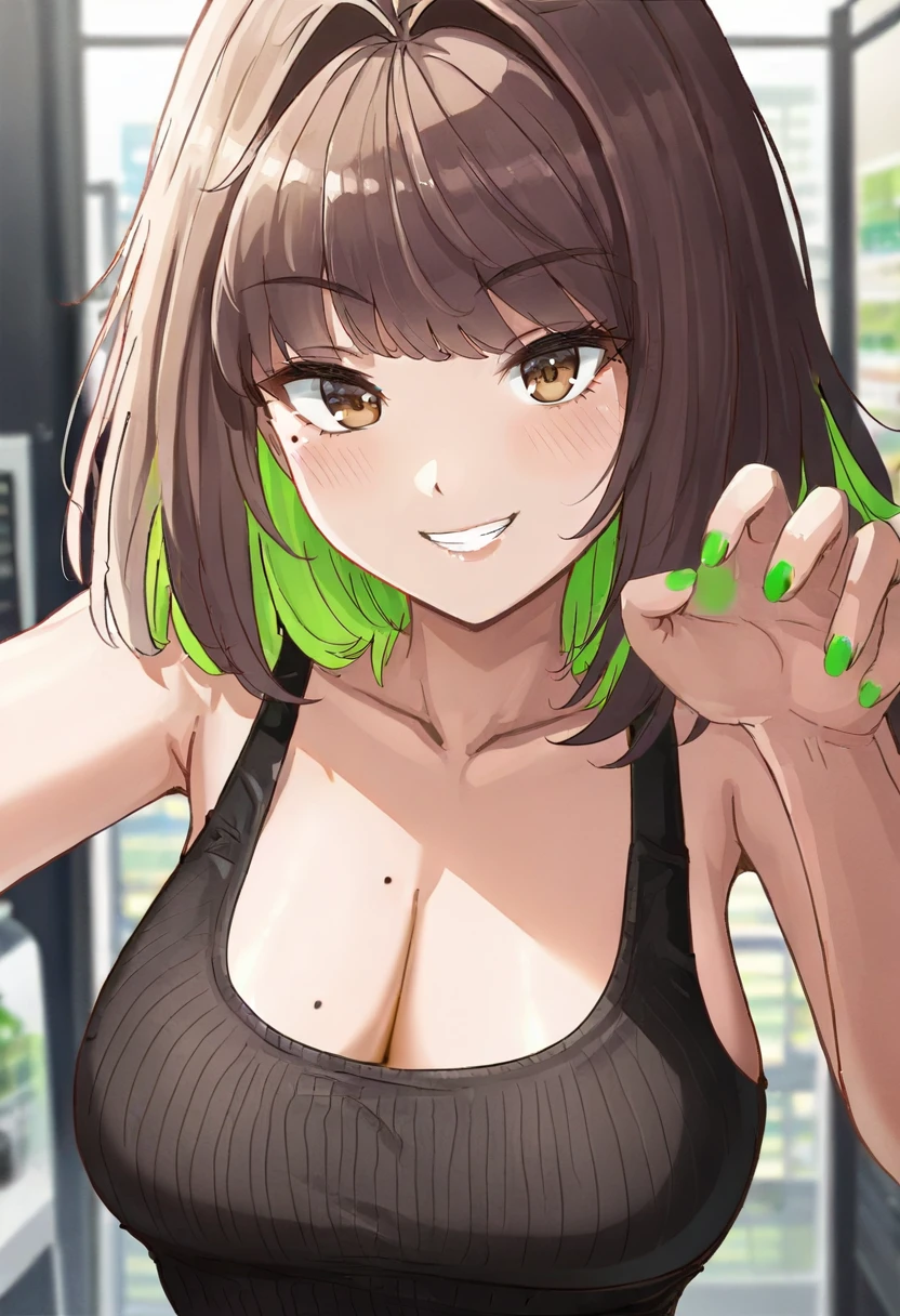 1girl, breasts, mole on breast, mole, solo, cleavage, smile, large breasts, brown eyes, looking at viewer, green hair, green nails, multicolored hair, blush, brown hair, nail polish, upper body, tank top, bangs, colored inner hair, two-tone hair, collarbone, medium hair, mole under eye, grin, hair intakes <lora:ormilleXL_il1_lokr_V6311P:0.95>