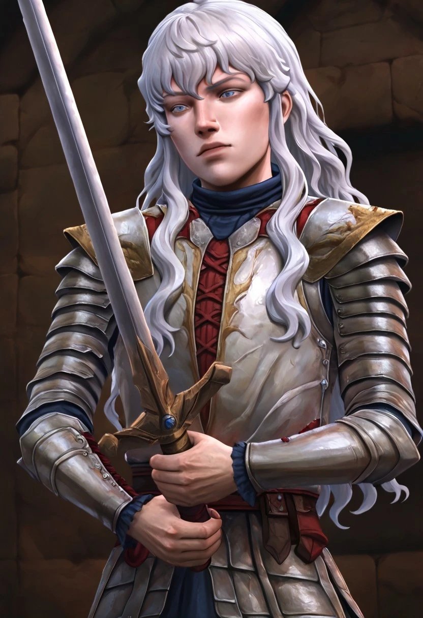 masterpiece, best quality, newest, absurdres, highres, TTGOTV1.0, realistic, 1boy, griffith_(berserk), white hair, blue eyes, wavy hair, armor,
holding, holding weapon, holding sword,