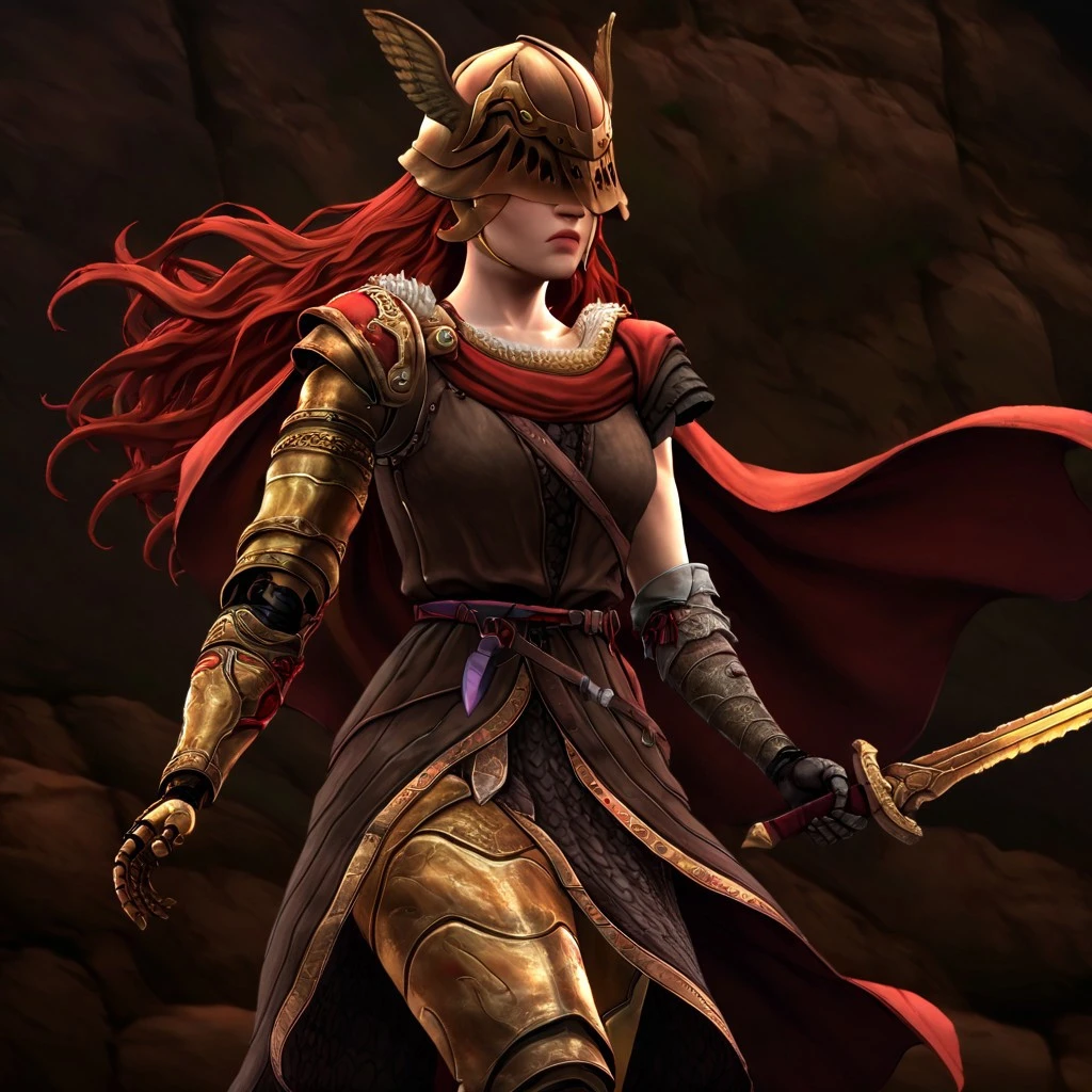 masterpiece, best quality, newest, absurdres, highres, TTGOTV1.0, realistic, 1girl, malenia blade of miquella, floating hair, red hair, long hair, prosthetic leg, armor, gold armor, winged helmet, armor, red cape, prosthetic arm, single mechanical arm,
holding sword, sword, weapon, holding, holding weapon