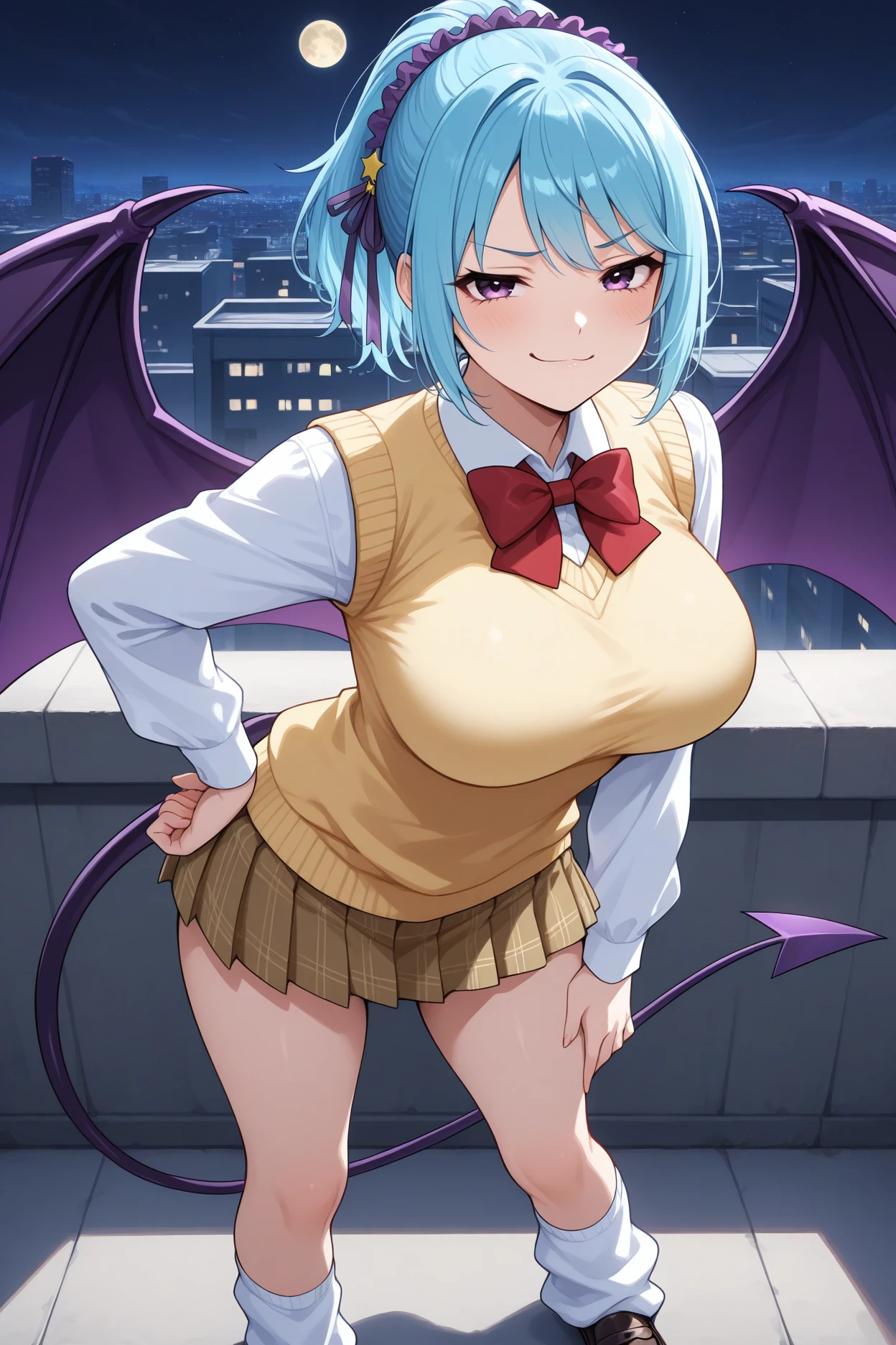 masterpiece, best quality, 1girl, solo <lora:kuronokurumu-illu-nvwls-v1-000006:1> rvkuku, blue hair, purple eyes, purple hairband, hair ribbon, ponytail, large breasts, yellow sweater vest, red bowtie, white shirt, collared shirt, long sleeves, plaid skirt, pleated skirt, miniskirt, white socks, loose socks, kneehighs, loafers, night sky, demon wings, demon tail, city, rooftop, moon, smug, smirk, looking at viewer, hand on hip