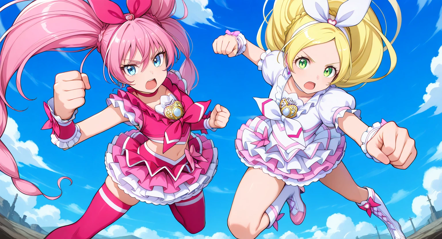 <lora:suite_precure_all_in_one_illusXL_locon_v1:0.7> masterpiece, best quality, absurdres, very aesthetic, general, 2girls, cloud, day, blue sky, cloudy sky, perspective, serious, punching, clenched hands, incoming attack, flying, fighting stance, jumping, incoming punch, foreshortening,
cure melody, pink hair, twintails, very long hair, hair between eyes, braid, eyelashes, eyebrows visible through hair, blue eyes, crop top, pink shirt, frilled shirt, frilled sleeves, pink choker, ribbon choker, pink neckwear, hair bow, pink bow, hair ornament, hairband, earrings, brooch, wrist cuffs, arm warmers, pink skirt, frilled skirt, layered skirt, miniskirt, petticoat, pink legwear, pink thighhighs, pink footwear, thigh boots, midriff, navel, looking at viewer, open mouth,
cure rhythm, blonde hair, ponytail, very long hair, braid, eyelashes, green eyes, white dress, puffy short sleeves, frilled sleeves, white choker, ribbon choker, brooch, white neckwear, earrings, hair bow, white bow, white hairband, wrist cuffs, arm warmers, hair ornament, pink bow, white skirt, frilled skirt, layered skirt, petticoat, knee boots, white footwear, cross-laced footwear, open mouth, looking at viewer,