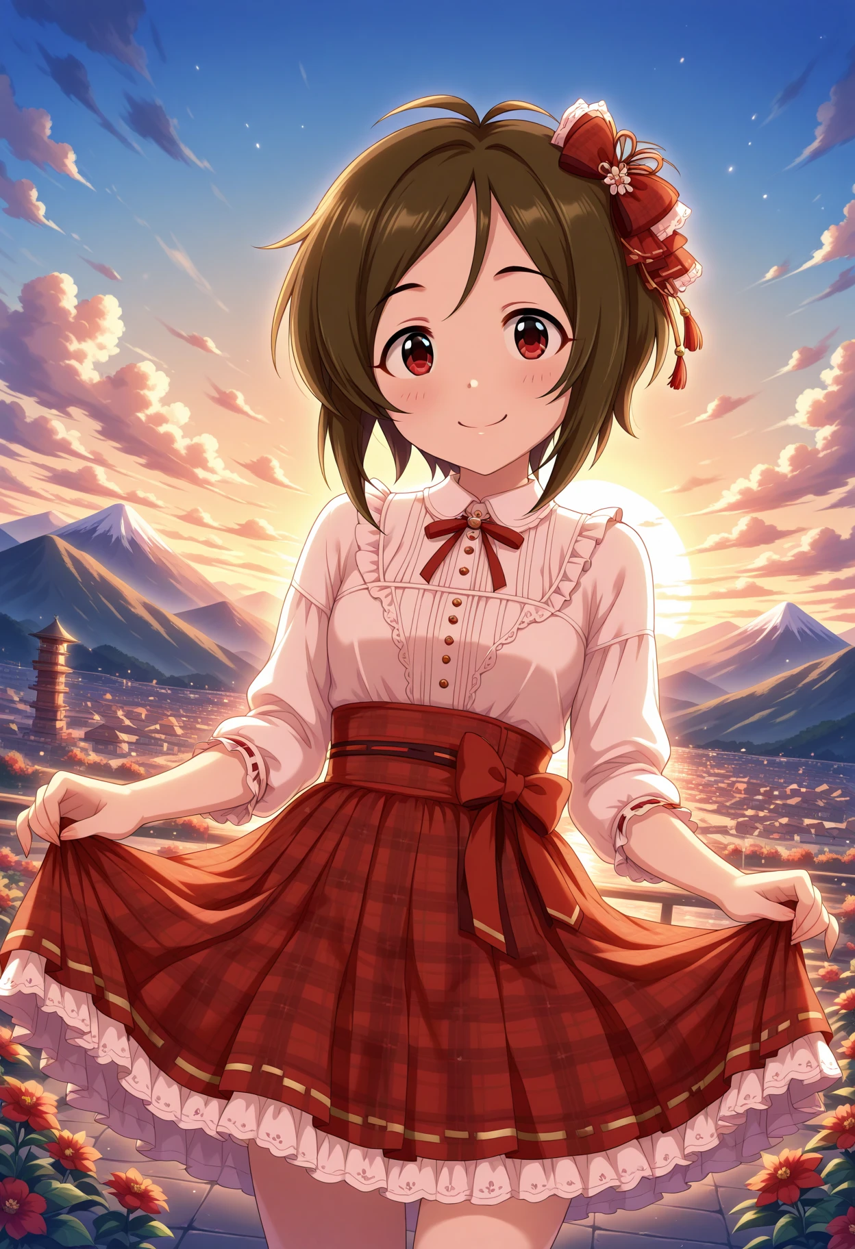 masterpiece, best quality, amazing quality, 1girl, solo, makeup, cowboy shot, panorama, looking at viewer, outdoors, mountain background, stand, flowers, sky, cloud, smile, cinematic lights, dramatic angle, <lora:Domyoji_Karin_Cinderella:1>, Domyoji_Karin_Cinderella, brown hair, short hair, red eyes, antenna hair, hair ornament, hair bow(plaid), idol dress, ribbon trim, <lora:wai-Rectified-s:1>, <lora:prompt_extend:1>