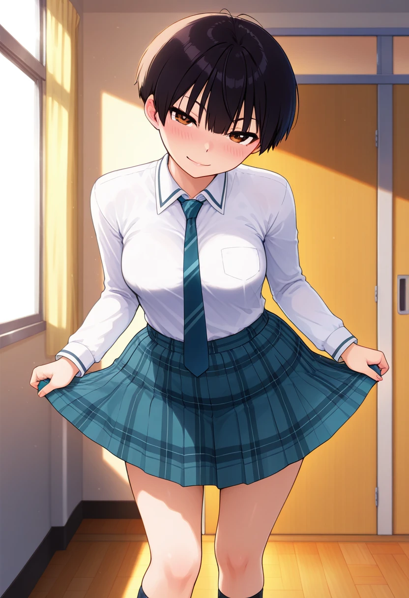 One woman, blush, Sweat Embarrassed Smile Showing Nipples Front, Short Hair, Black Hair, feel (Small breasts:1) Pubic hair 8k, Very detailed, 16K, (naked), City Walk Black Eyes Pink Polo Shirt Short Sleeves Black Skirt Skirt Lifted Up Lift Skirt with Both Hands No Panties Pussy From Below