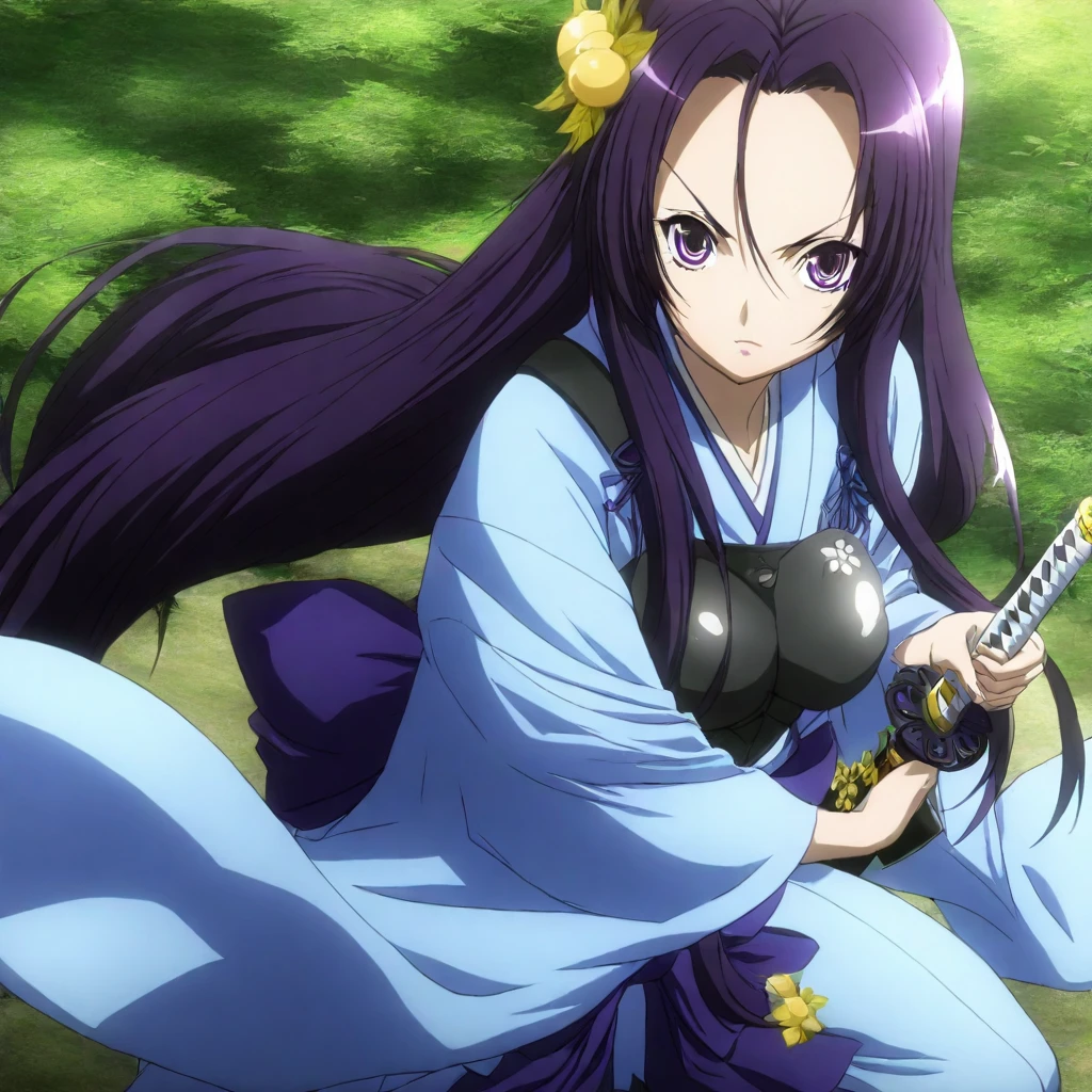 masterpiece,solo,looking at viewer,<lora:Akechi_Mitsuhide ilorg v1:1> akechi_mitsuhide, purple hair, long hair, purple eyes,japanese clothes,breast armor,holding katana,