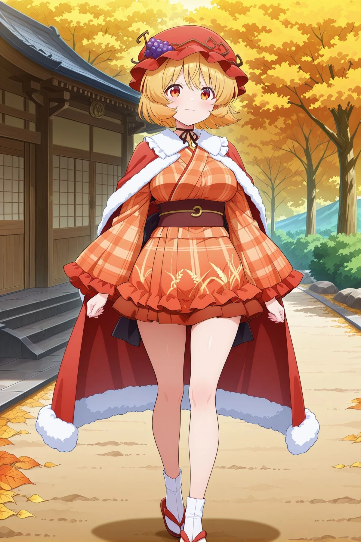 absurdres, highres, masterpiece, best quality, amazing quality, official anime artwork, screencap, anime screencap, outdoors, looking at viewer, light smile, dynamic pose, standing,
<lora:Aki-Minoriko_Illustrious:1> aki minoriko, 1girl, yellow eyes, blonde hair, short hair, medium breasts,, aki minoriko \(sweet sister god\), alternate costume, red hat, mob cap, grape hat ornament, brown neck ribbon, red cape, fur-trimmed cape, flip-flops, japanese clothes, orange kimono, plaid kimono, frilled kimono, short kimono, long sleeves, frilled sleeves, wide sleeves, sash, red obi, white socks,