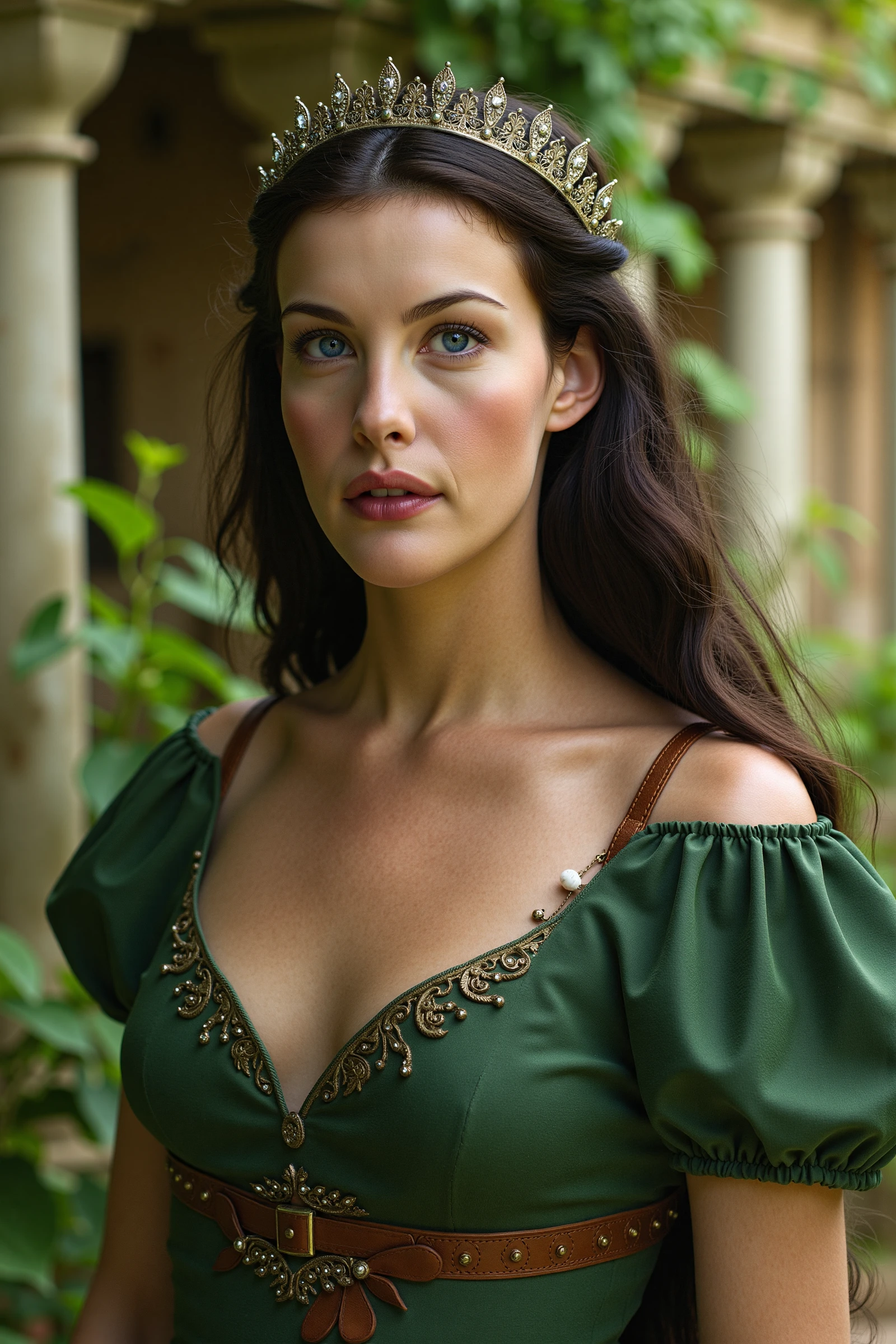 Caucasian woman around 30 years old, very feminine and attractive, sexy smile, large breast, ankle bracelet, diamond necklace and ear rings, pale skin with red wavy hair, surreal bright green iris, green iris, full body image, 2 legs, wearing a red and black frilly corset and a choker, candlelight in a 1600's luxury bedroom, ultra sharp focus, realistic shot