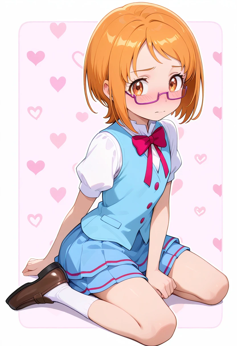 masterpiece, best quality, absurdres, very aesthetic, general,
1girl, shirabe ako, aria gakuen school uniform, short hair, brown hair, orange hair, blonde hair, eyebrows visible through hair, eyelashes, under-rim eyewear, pink-framed eyewear, purple-framed eyewear, brown eyes, orange eyes, blue vest, white shirt, puffy short sleeves, blue skirt, miniskirt, pleated skirt, bowtie, pink bow, socks, white legwear, loafers, brown footwear, heart background, embarrassed, sitting, kneeling,
<lora:suite_precure_all_in_one_illusXL_locon_v1:0.7>