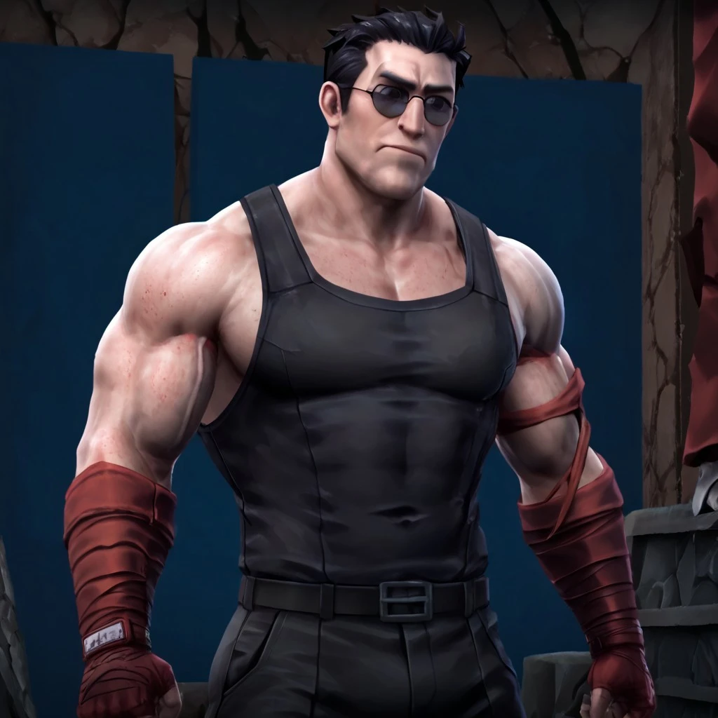 masterpiece, best quality, newest, absurdres, highres, TTGOTV1.0, realistic, 1boy, helltaker (helltaker), black hair, short hair, muscular, muscular male,
sunglasses, glasses,