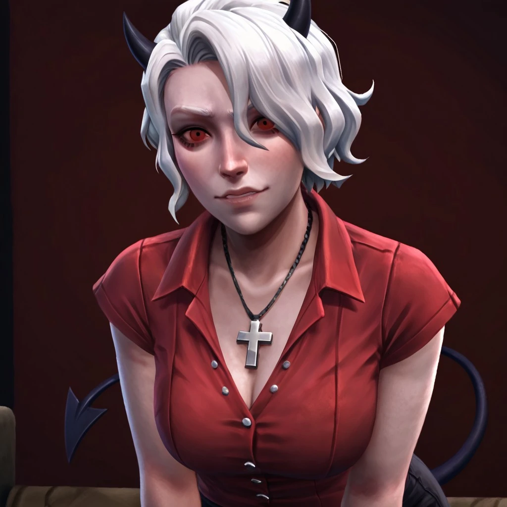 masterpiece, best quality, newest, absurdres, highres, TTGOTV1.0, realistic, 1girl, zdrada (helltaker), demon girl, short hair, white hair, horns, demon tail, cross, cross necklace, demon horns, necklace, red eyes, red shirt,