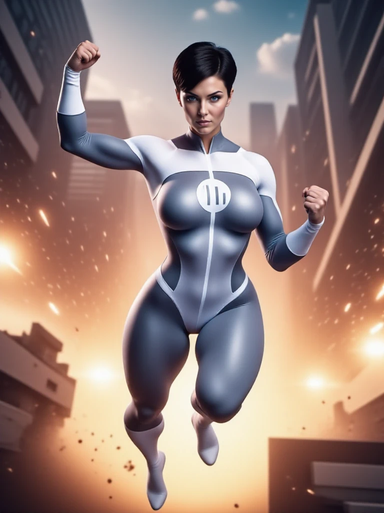 cinematic photo a full body muscular woman, short dark hair, huge breast, wears a futuristic white and light purple bodysuit , flying over a city in the background <lora:Anissa1024:0.8> . 35mm photograph, film, bokeh, professional, 4k, highly detailed