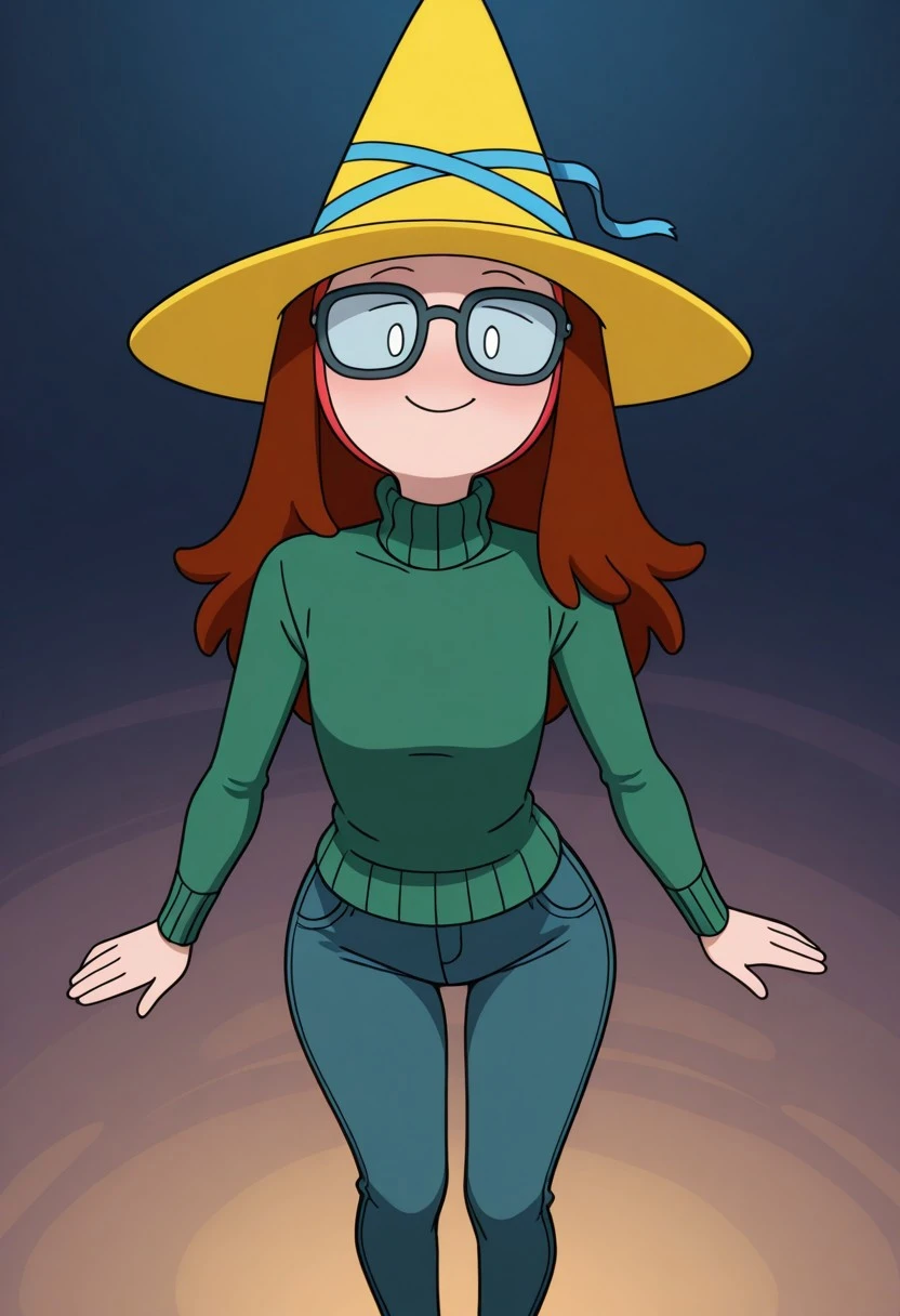bettygrofILL, 1girl, solo, brown hair, glasses, long hair, green sweater, blue pants, turtleneck, yellow witch hat, red ribbon around head, dot eyes, red ribbon around head, masterpiece, best quality, newest, absurdres, highres, amazing quality, 4k, good lighting, high resolution, dynamic angle, foreshortening, eyes half closed, seductive smile, glossy skin,