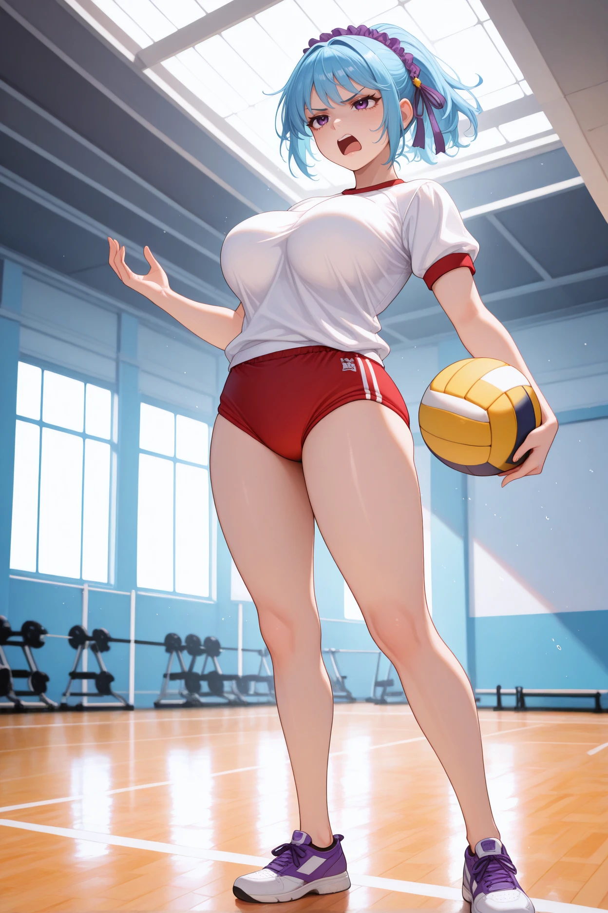 masterpiece, best quality, 1girl, solo <lora:kuronokurumu-illu-nvwls-v1-000006:1> rvkuku, blue hair, purple eyes, purple hairband, hair ribbon, ponytail, large breasts, white t-shirt, red buruma, gym, holding volleyball, open mouth, annoyed, standing, sneakers, full body