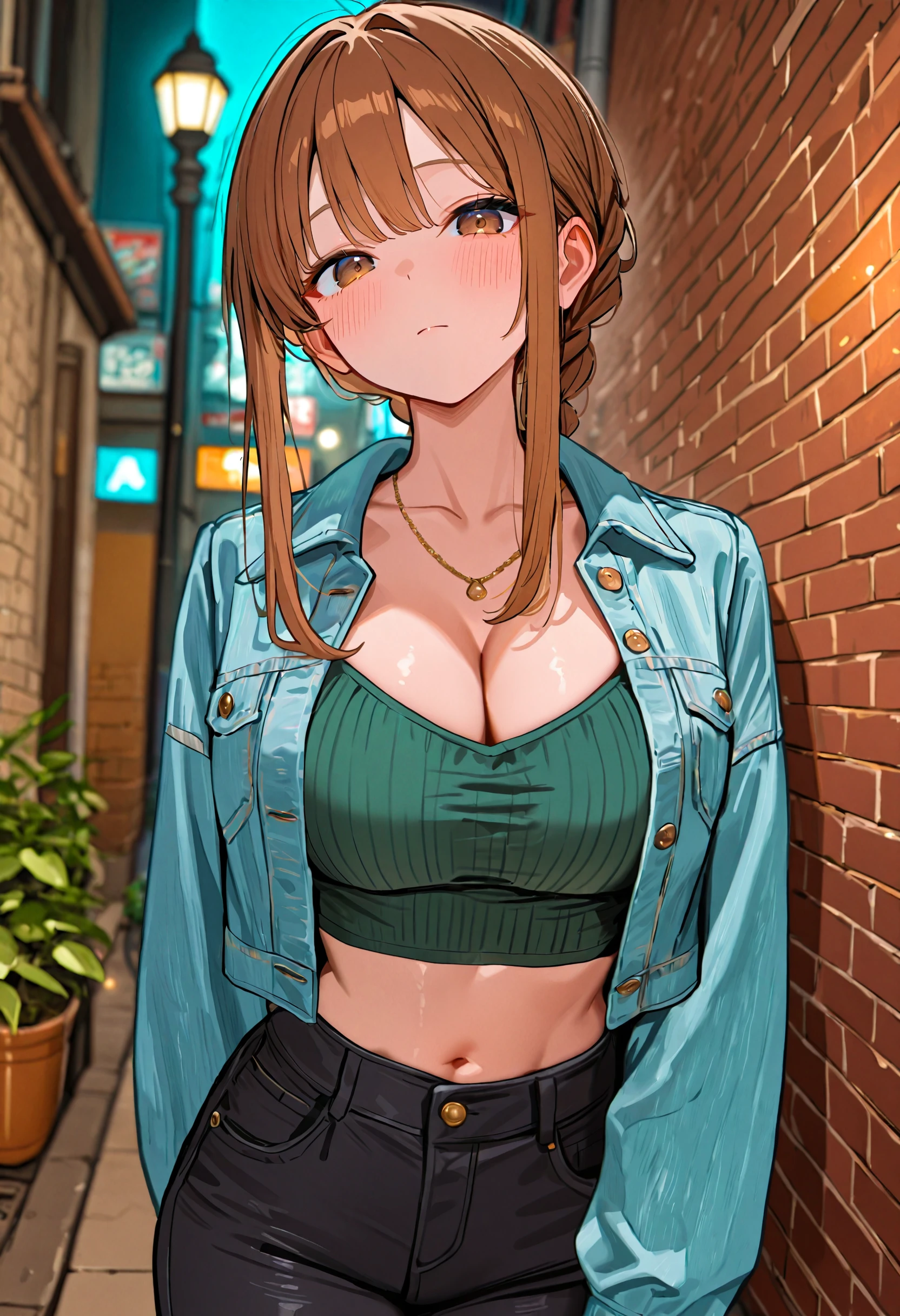 perfect eyes:1.2, detailed eyes:1.4, hair over shoulder, hair between eyes, evil smile, Odagiri naomi, long hair, blonde hair, messy hair, blue eyes, sweater, cleavage, belt, hand on hip, smirk, ahoge, navel, mini skirt, night, city, beautiful body, medium full shot, thigh-level shot, 1girl,(masterpiece:1.6, best quality),