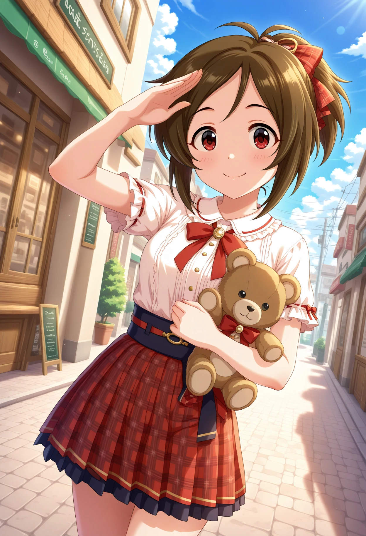 masterpiece, best quality, amazing quality, 1girl, solo, makeup, cowboy shot, looking at viewer, outdoors, in front cafe, road, stand, blue sky, cloud, smile, dramatic angle, salute, <lora:Domyoji_Karin_Cinderella:1>, Domyoji_Karin_Cinderella, brown hair, short hair, red eyes, antenna hair, ponytail, hair ornament, hair bow(plaid), idol dress, pleated skirt(pastel), holding teddy bear, ribbon trim, <lora:wai-Rectified-s:1>, <lora:prompt_extend:1>