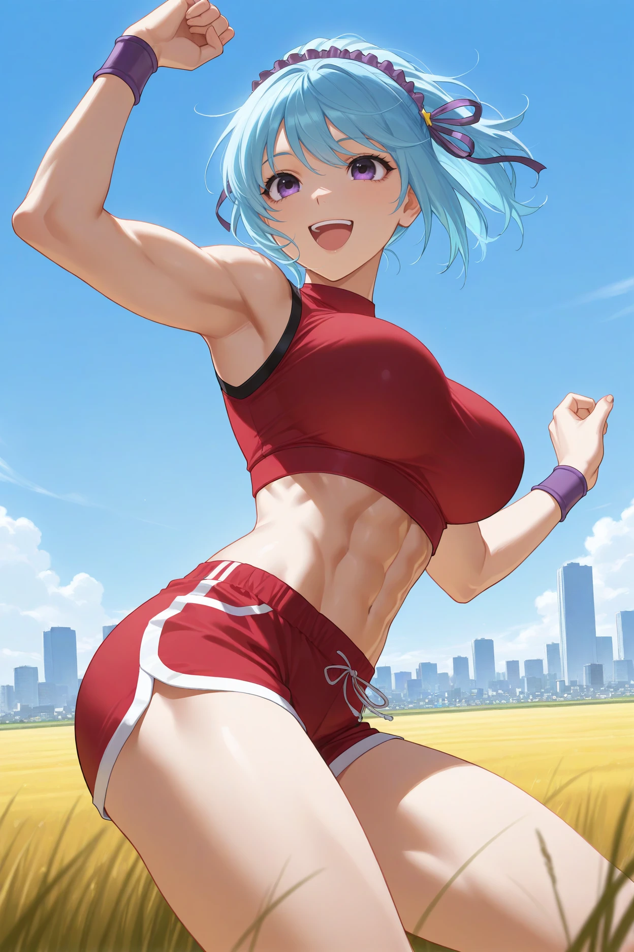masterpiece, best quality, 1girl, solo <lora:kuronokurumu-illu-nvwls-v1-000006:1> rvkuku, blue hair, purple eyes, purple hairband, hair ribbon, ponytail, large breasts, red crop top, sleeveless shirt, red shorts, toned, wristbands, happy, open mouth, field, blue sky, cityscape
