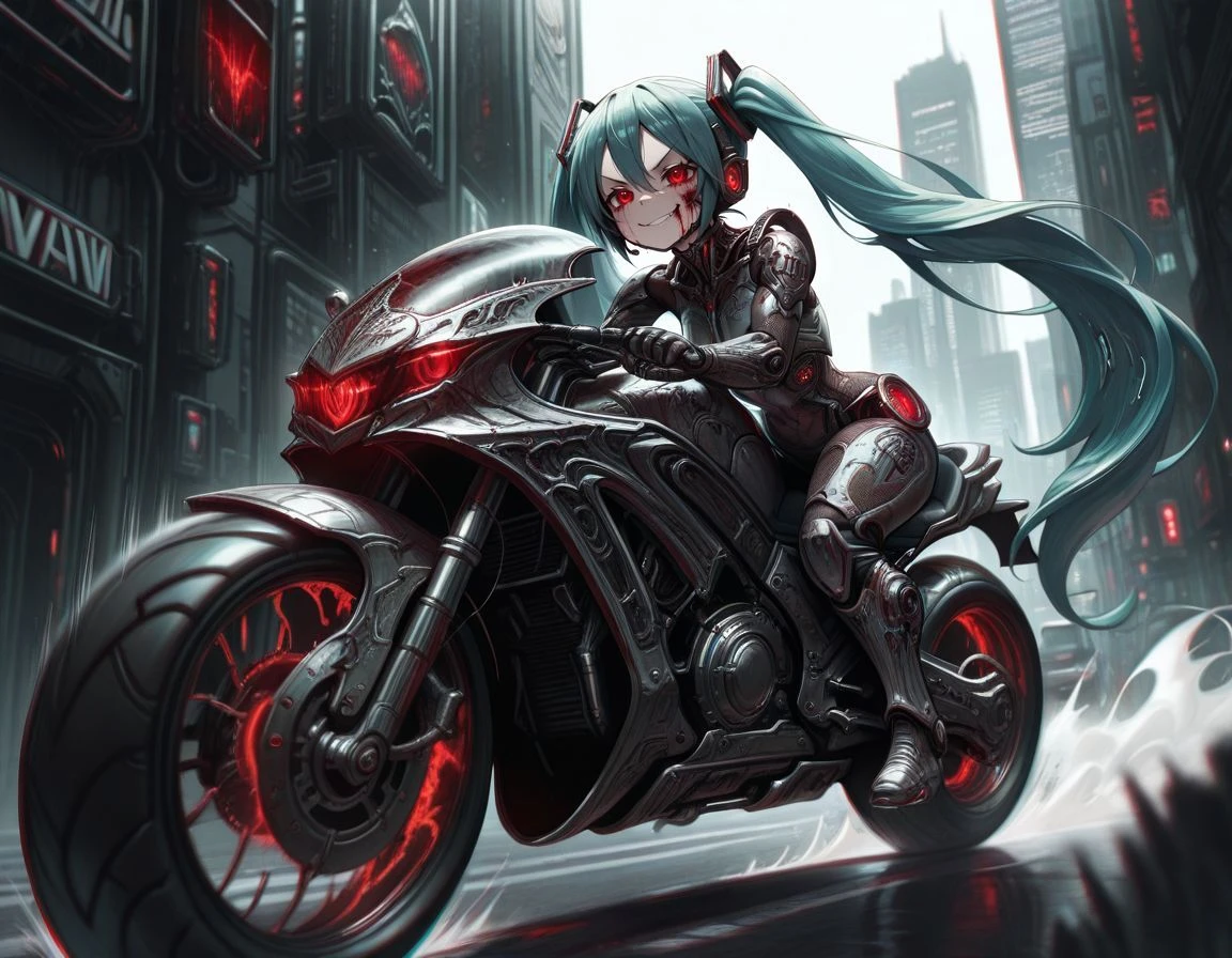 (masterpiece), highest quality, expressive eyes,swaying hair,dynamic hair, cyber punkの衣装を着て武装する(Enamel rubber suit、long neck、Absolute area、high boots、revealing clothing)、break cityストリート、Armed girl riding a motorbike, Detailed facial depiction、correct anatomy、soldier、shining eyes、silver hair、Shiny short jacket with open front, gloves, 光沢サイhigh boots, cleavage, Mechanical Accessories:1.2 ,{{Motorbike(armored vehicle、futuristic、SF Machine、Drift driving、flame from muffler、super fast running、Tires spinning at high speed)}}、glowing 、cut the wind、fast effect、{Composition from below 1.2}、cyber punk, break city, midnight,perspective,wet ground, dynamic blur background