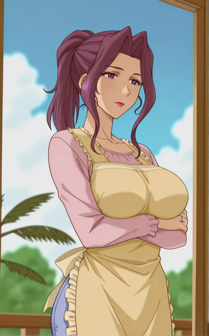 1girl in,Full body,(Plain clothe:1.5),(pink apron),(Green shirt),(blue jeans),huge-breasted:,(breasts forcus:1.5),outside of house、Hands on the chest