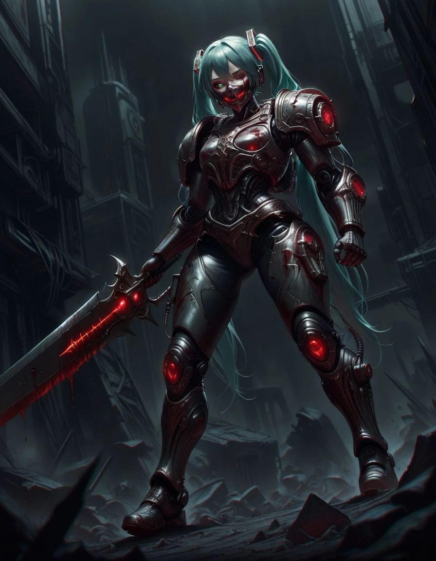 masterpiece, best quality, newest, absurdres, highres, chromatic aberration, <lora:Vampiric_Tech_WM_IL:0.9>, nv-vamptech, bloody, science fiction,
1girl, hatsune miku, twintails, power armor, (warhammer_40:0.7), rubble, bulky armor, after battle, legs apart, huge weapon, fighting stance, low angle, dutch angle, holding sword, small head, pauldrons, mouth mask, one eye closed,