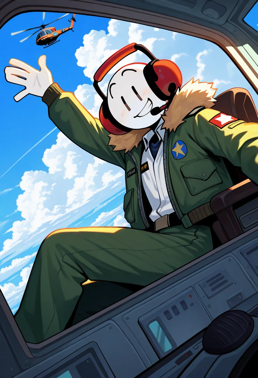 very awa, masterpiece, best quality, absurdres, newest, perfect quality, detailed background, intricate details, offical art, source_cartoon,
1boy, male, male only, male focus,
(CharlesTHSC, headset, jacket, open jacket, fur trim, white shirt, uniform, pilot uniform, colored skin, white skin),
pilot cockpit, helicopter, inside helicopter, detailed background, dynamic angle, dynamic pose, dutch angle, close-up, window, clouds,
smile, grin, sitting, looking at viewer, waving,
<lora:Charles_Calvin:1>