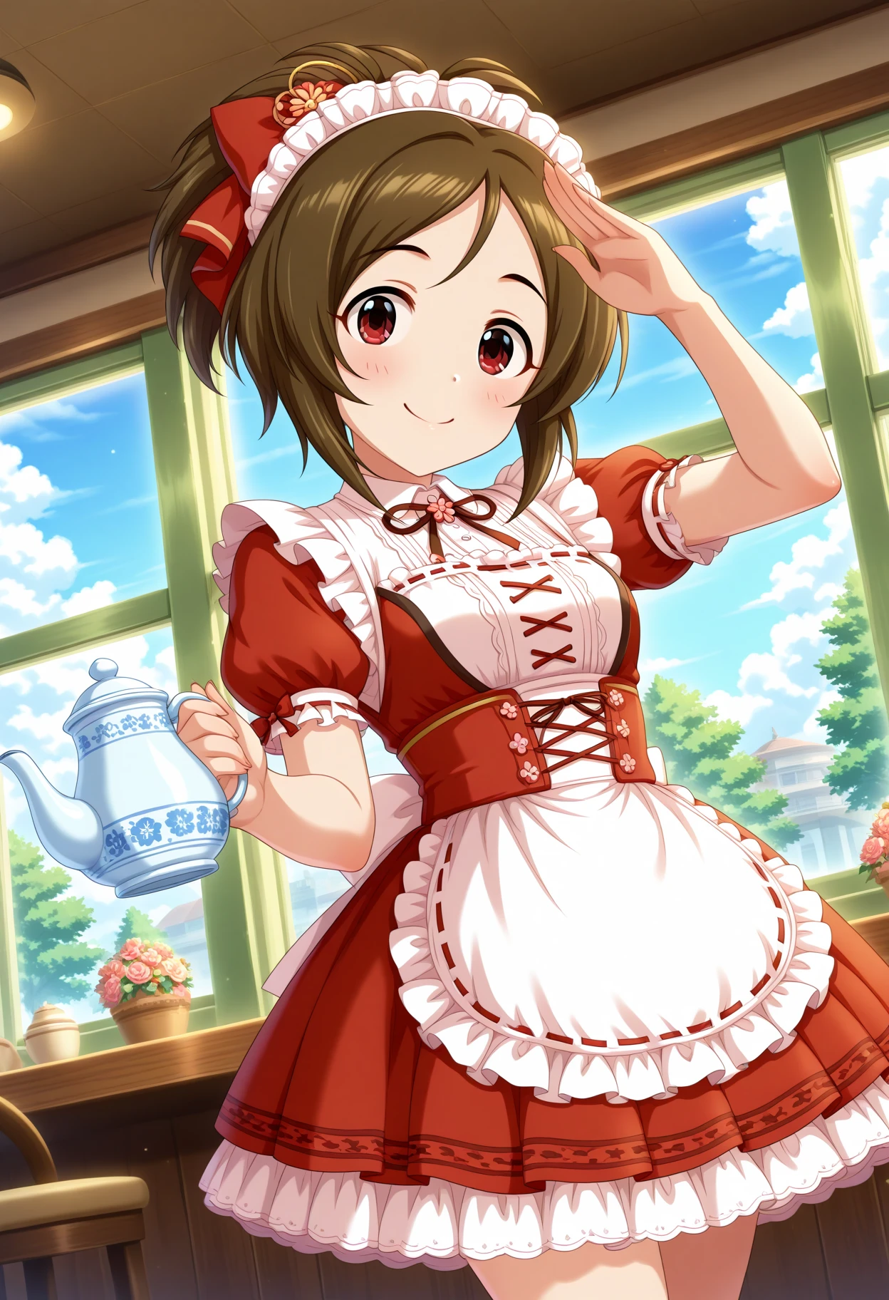 masterpiece, best quality, amazing quality, 1girl, solo, makeup, cowboy shot, looking at viewer, indoors, cafe, holding teapot, stand, window(sky, cloud), smile, dramatic angle, salute, <lora:Domyoji_Karin_Cinderella:1>, Domyoji_Karin_Cinderella, brown hair, short hair, red eyes, antenna hair, ponytail, hair ornament, hair bow, flower maid dress(beauty, green), maid headdress, frills, laces, flower ornament(hair, clothes), ribbon trim, <lora:wai-Rectified-s:1>, <lora:prompt_extend:1>
