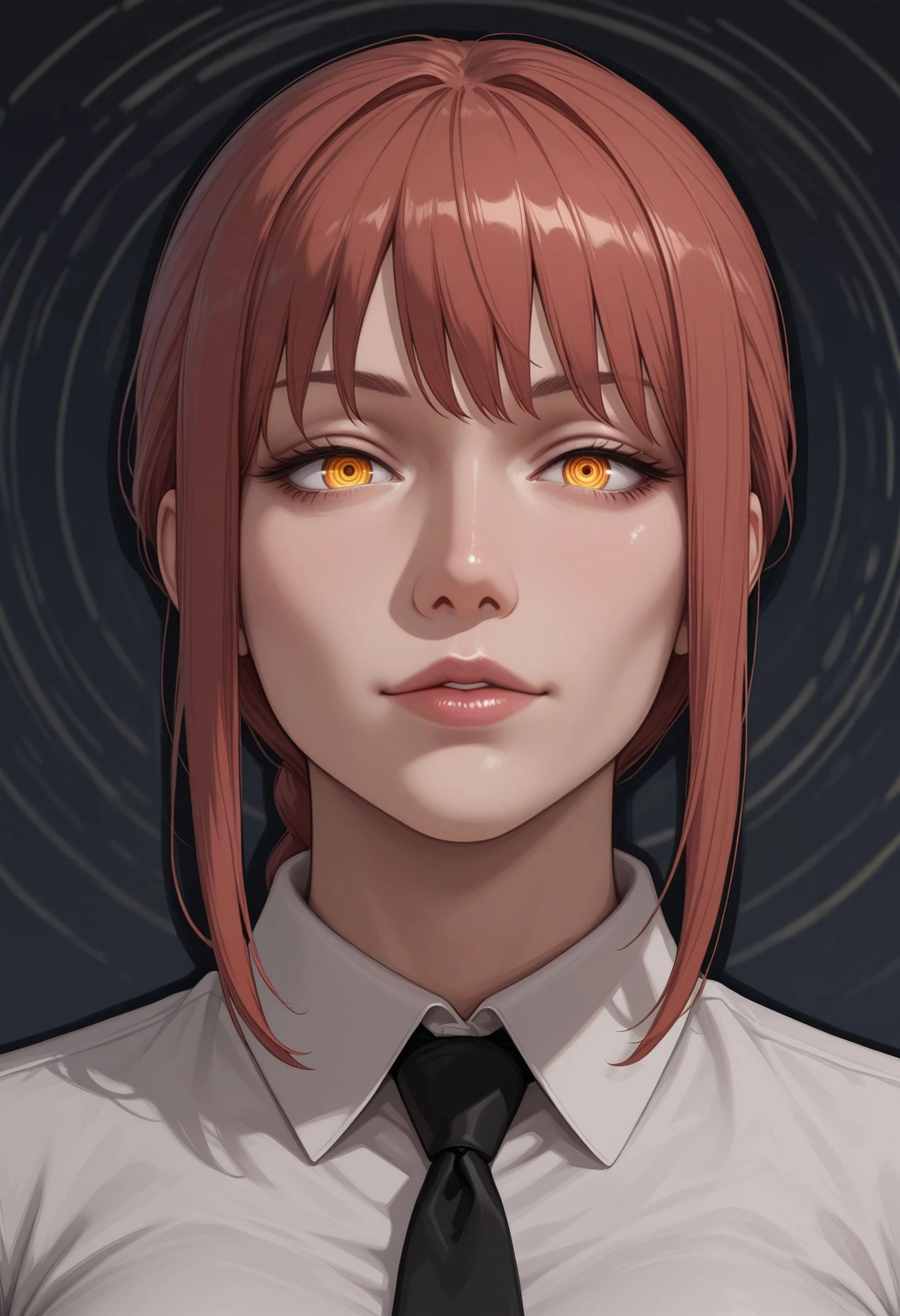 8K, illustration, CG, semi-realistic art style, impressionism,  character focus, attractive features, detailed features, pseudo-realistic style, semi-realism, detailed colouring, amazing quality, absurdres, newest, scenery, very aesthetic, high resolution, detailed eyes, high quality, ultra-detailed, absurdres, newest, scenery, professional, moody lighting, deep shadows, depth of field, perfect face, perfect eyes, ambient occlusion,raytracing,soft lighting,absolutely eye-catching,intricate cinematic background, masterpiece,best quality,absurdres, amazing quality, realistic, traditional media, BREAK, makima \(chainsaw man\), (mature female), white formal shirt BREAK, dynamic lighting, dynamic angle, sharp focus, distortion-free, illustration, perfect_anatomy, intricate yellow eyes, anatomically_correct_body, extremely detailed eyes, (expressive eyes), EyesHD, beautiful eyes, perfect eyes, extremely detailed skin, (heavy lines, black outline), high score, great score, year2024, year2023, ultra high resolution, 8K, UHD, HD, HDR, high contrast