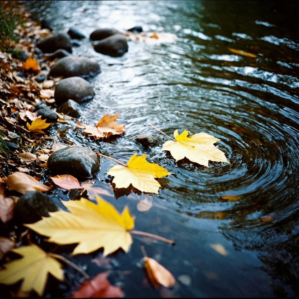 Draw me a picture of a leaf drifting down the river