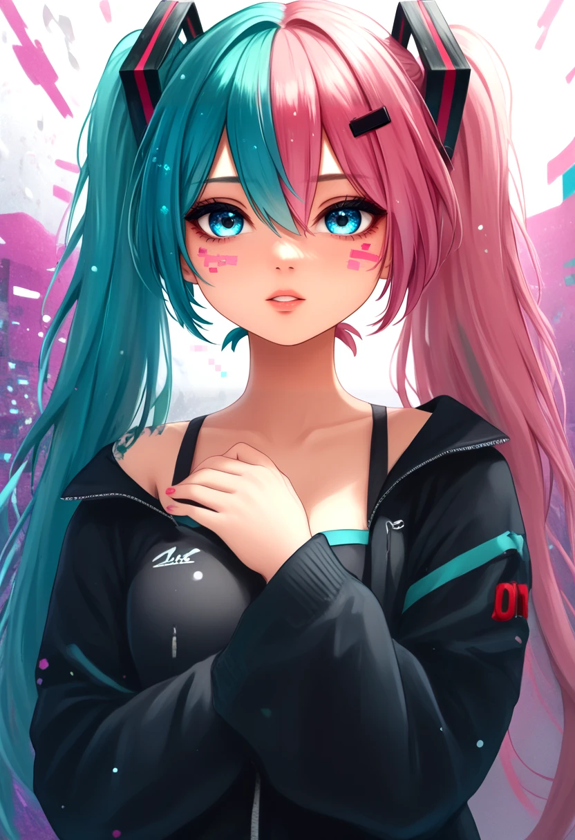 score_9,score_8_up,score_7_up,score_6_up,score_5_up,score_4_up,source_anime,hatsune miku,((utaenai miku)),1girl,aqua eyes,aqua hair,black jacket,cowboy shot,cross hair ornament,((glitch:1.3)),hair between eyes,hair ornament,hand on own chest,jacket,long hair,long sleeves,looking at viewer,multicolored hair,parted lips,pink hair,pink nails,solo,sparkle,streaked hair,twintails,two-tone hair,wide sleeves,x hair ornament,
