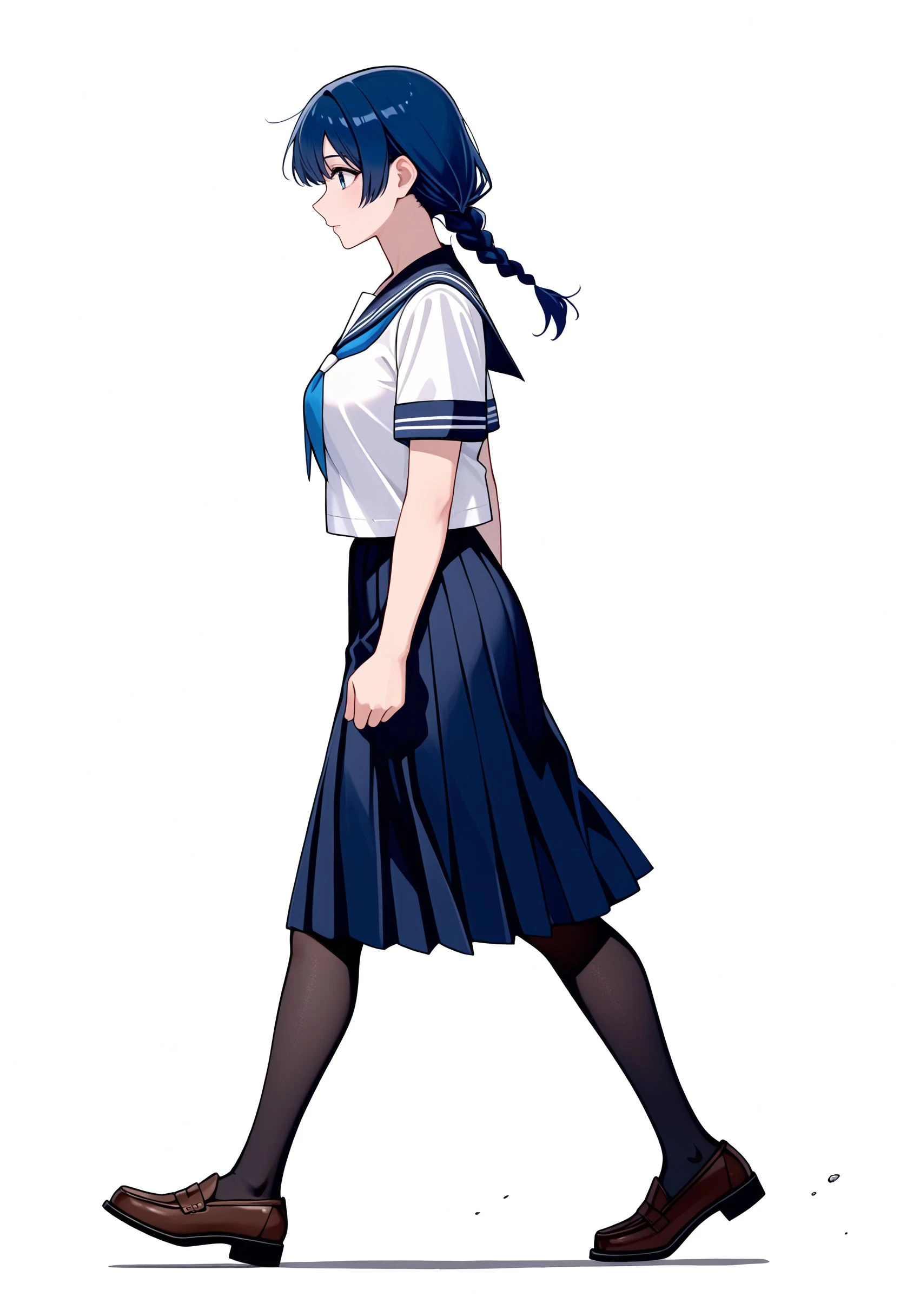 score_9, score_8_up, score_7_up, close up, 1girl, blue eyes, side view, white background, walking, in action, long serafuku, black thick thights, dark blue hair, single braided ponytail, brown loafers, (hot girl), animated