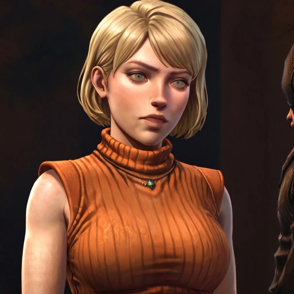 masterpiece, best quality, newest, absurdres, highres, TTGOTV1.0, realistic, 1girl, ashley graham (resident evil), blonde, orange shirt, blonde hair, orange sweater, 
sleeveless, sleeveless sweater, sleeveless tutrleneck, turtleneck, short hair, curtained hair,