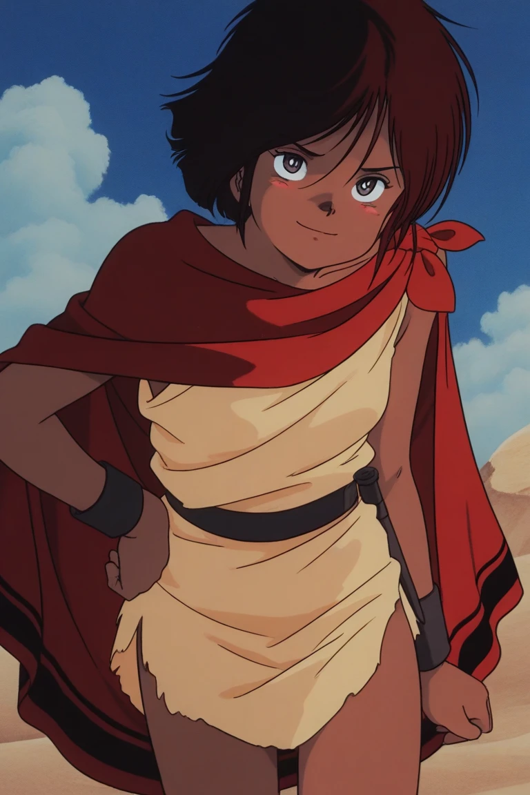 masterpiece, best quality, source_anime,official art,perfect_anatomy,1990s_\(style\),retro_artstyle,1girl,Seneca,tomboy,brown_hair,short_hair,cape,bare_shoulders,sleeveless,(detailed face,looking_at_viewer,smile),cowboy shot,hand_on_hip,day,blue_sky,cloud