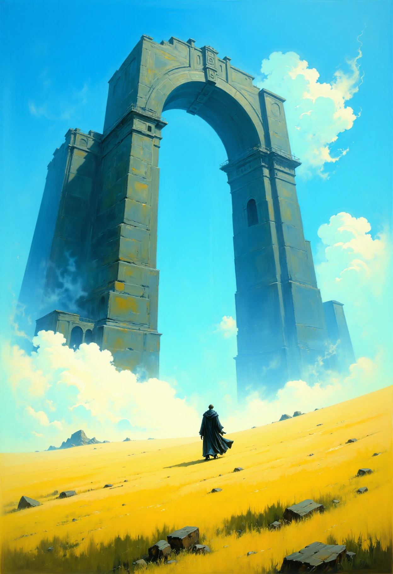 A beautiful expressive painting.
This is a high-quality digital painting by artist Kuroshio. It depicts a solitary figure walking towards a massive, ancient stone archway in a surreal, dreamlike landscape. The figure, likely a man, is dressed in dark, flowing robes and stands out against the vibrant, golden grassland. The archway, towering and majestic, is covered in intricate carvings and appears to be partially embedded in a dense, white cloud base. The sky above is a brilliant blue with scattered fluffy clouds, creating a serene and ethereal atmosphere. The lighting is soft and diffused, casting gentle shadows and highlighting the textures of the stone arch. The camera angle is slightly low, emphasizing the grandeur of the archway. The depth of field is deep, keeping both the foreground and background in focus. The overall aesthetic quality is very high, with a harmonious blend of colors and a sense of mystical wonder.
<lora:articp01_epoch_13:1>