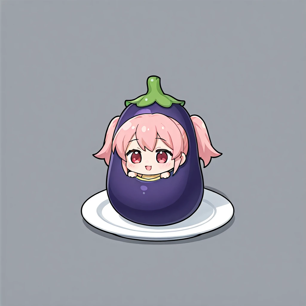 <lora:åµå:1> chibi girl in hatched eggplant, dish
