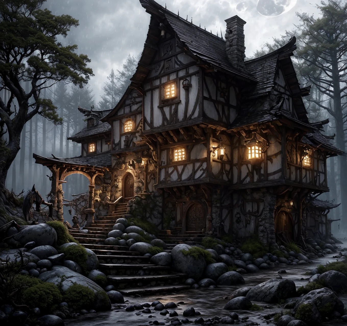 RAW photo, (masterpiece:1.3), subsurface scattering, heavy shadow, (high quality:1.4), (intricate, high detail:1.2), professional photography, HDR, High Dynamic Range, realistic, ultra realistic, photorealistic, high resolution, film photography, ambient lighting, atmospheric effects, <lora:detail_slider_v4:2>, OverallDetail, <lora:CrossroadsInn:1>, arch, architecture, barrel, bell, bench, brick, building, bush, chimney, crossinn, dark, day, door, east asian architecture, fantasy, forest, garden, grass, grey sky, horse, house, ladder, lantern, medieval, moon, night, night sky, no humans, outdoors, path, railing, riding, rock, scenery, sky, stone stairs, tree, wet, window , <lora:storybook_last:1.2>
