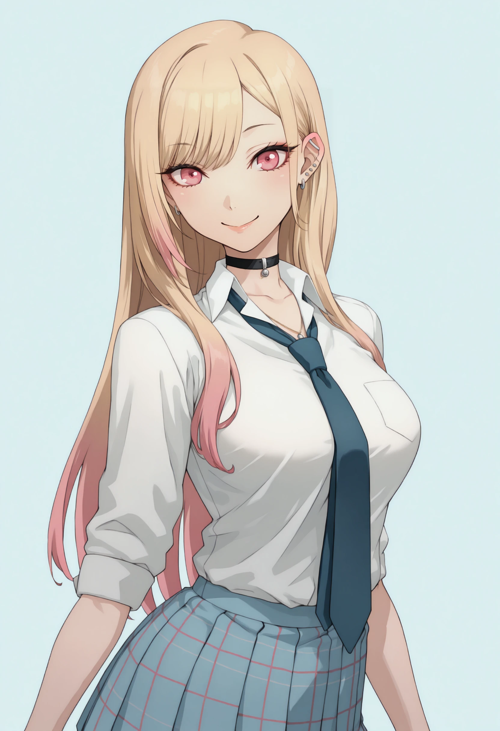 masterpiece, best quality, solo, 1girl, smile, looking at viewer, <lora:P3-Portraits-illus_Fp:1>, simple background, <lora:Hoseki_MyDressUpDarling_MarinKitagawa_IllustriousXL_v1:1>, ktgw, long hair, swept bangs, multicolored hair, colored tips, blonde hair, pink eyes, large breasts, ear piercing, pendant choker, white collared shirt, tied shirt, blue necktie, pleated skirt, plaid skirt