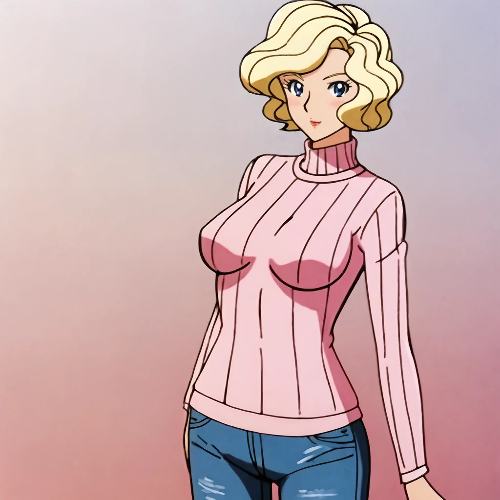 <lora:lori&loumazinkaiser_pony_v1:.7> Lori&LoruMazinKaiserPinkDress, 1girl, blonde hair, medium breasts, short hair, blue eyes, cowboy shot, sweater, jeans