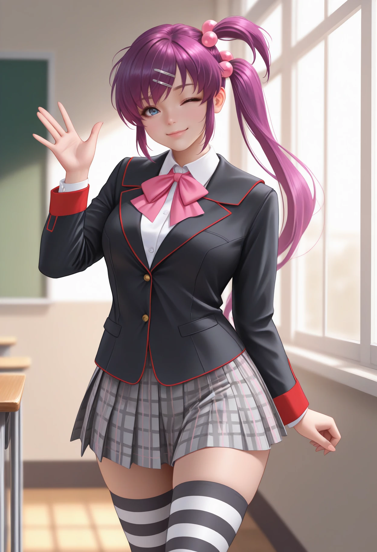 full body, professional photo, photorealistic, best quality, masterpiece, official art, perfect face, beautiful, extremely detailed CG unity 8k wallpaper, girl in the middle of an empty park, short hair, dark purple hair, smile, pencil_dress, a woman wearing a (buttonned blazer, white shirt, multicolor necktie), narrow waist, wide hips, thick thighs, choker, <lora:Vestido_Pencil:0.765>