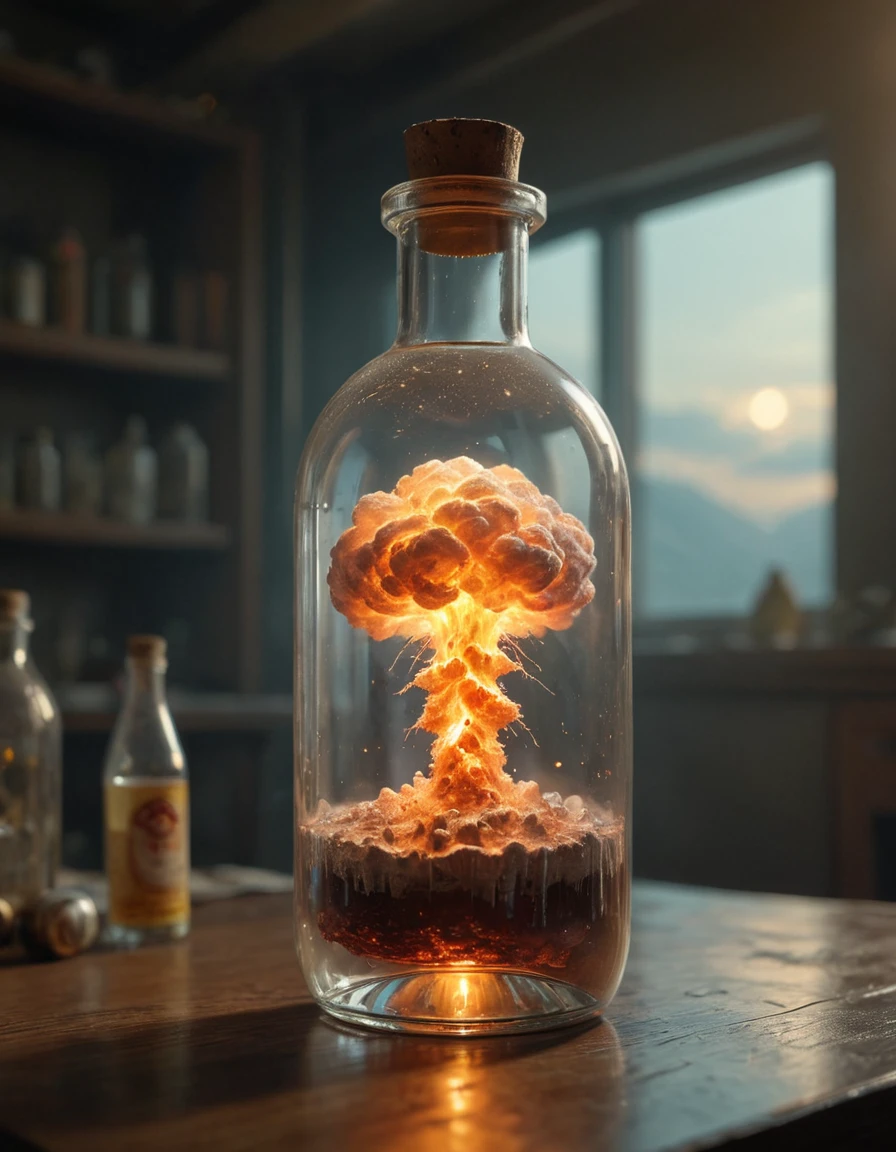 nuclear explosion inside a large transparent bottle,