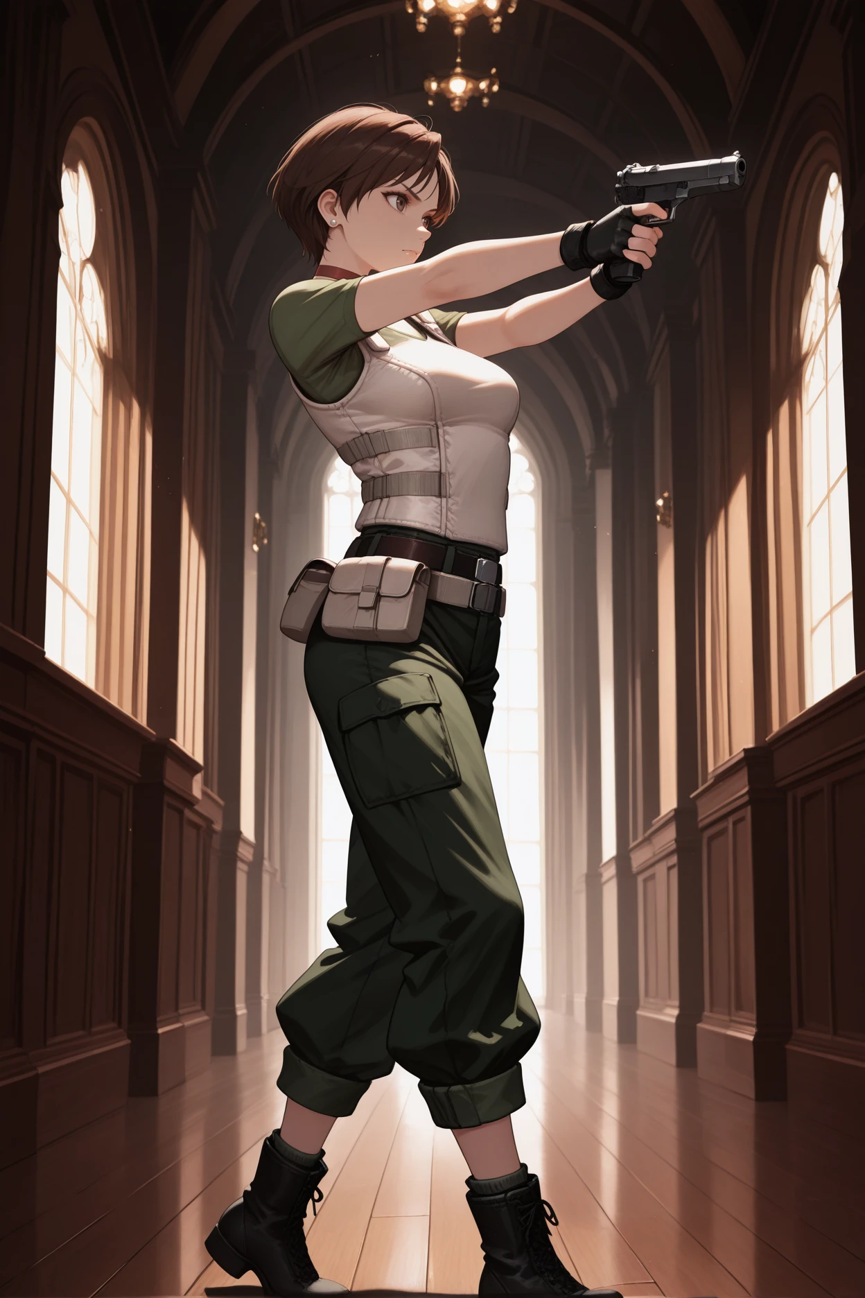 masterpiece, best quality, 1girl, solo, <lora:rerebecca-illu-nvwls-v1-000006:1> rbchm, brown hair, short hair, brown eyes, stud earrings, red choker, white vest, green shirt, short sleeves, belt, belt pouch, fingerless gloves, black gloves, green pants, cargo pants, black boots, ankle boots, holding pistol, aiming, from side, mansion, indoors, dark theme, chiaroscuro, wooden floor, hallway, serious, medium breasts