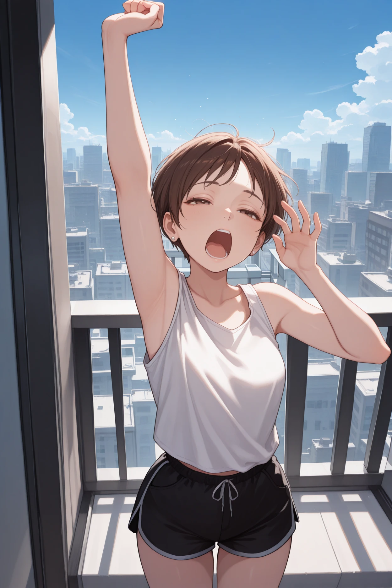 masterpiece, best quality, 1girl, solo, <lora:rerebecca-illu-nvwls-v1-000006:1> rbchm, brown hair, short hair, brown eyes, stud earrings, white tank top, yawn, raised arm, open mouth, arm up, black shorts, blue sky, balcony, half-closed eyes, city