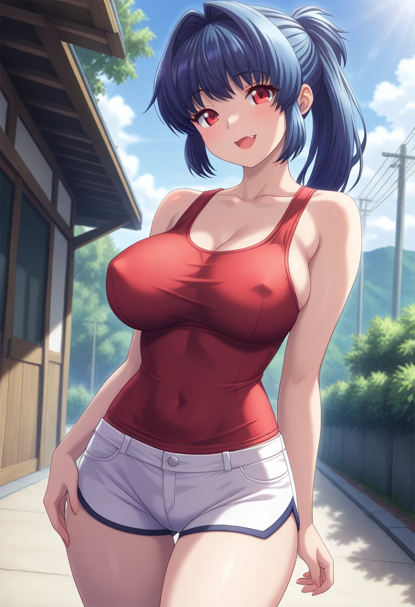 masterpiece, best quality, amazing quality, 1girl, solo, cowboy shot, ikumiww, red eyes, blue hair, long hair, ponytail, hair intakes, large breasts, fang, red tank top, breasts, covered nipples, bare shoulders, collarbone, white shorts, short shorts, looking at viewer, smile, open mouth, outdoors, day, skindentation, detailed clothing folds, depth of field, sharp, high contrast, dynamic light <lora:Yasuda_Ikumi_Yuumei_Sakai_o_Koto_ni_Suru_ill:0.8>