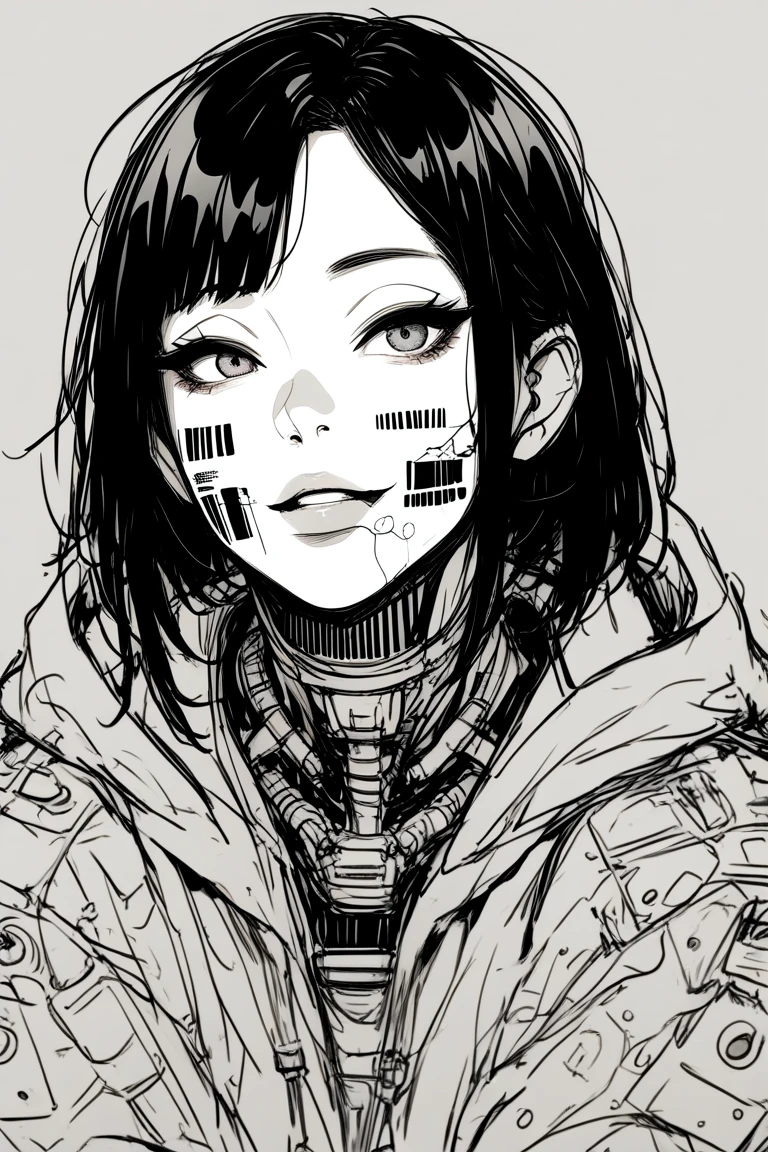 1girl,portrait, uneven bangs, face writing, asian, cowboy shot, barcode,
gothic_glittercore, illustration, anime, sketch