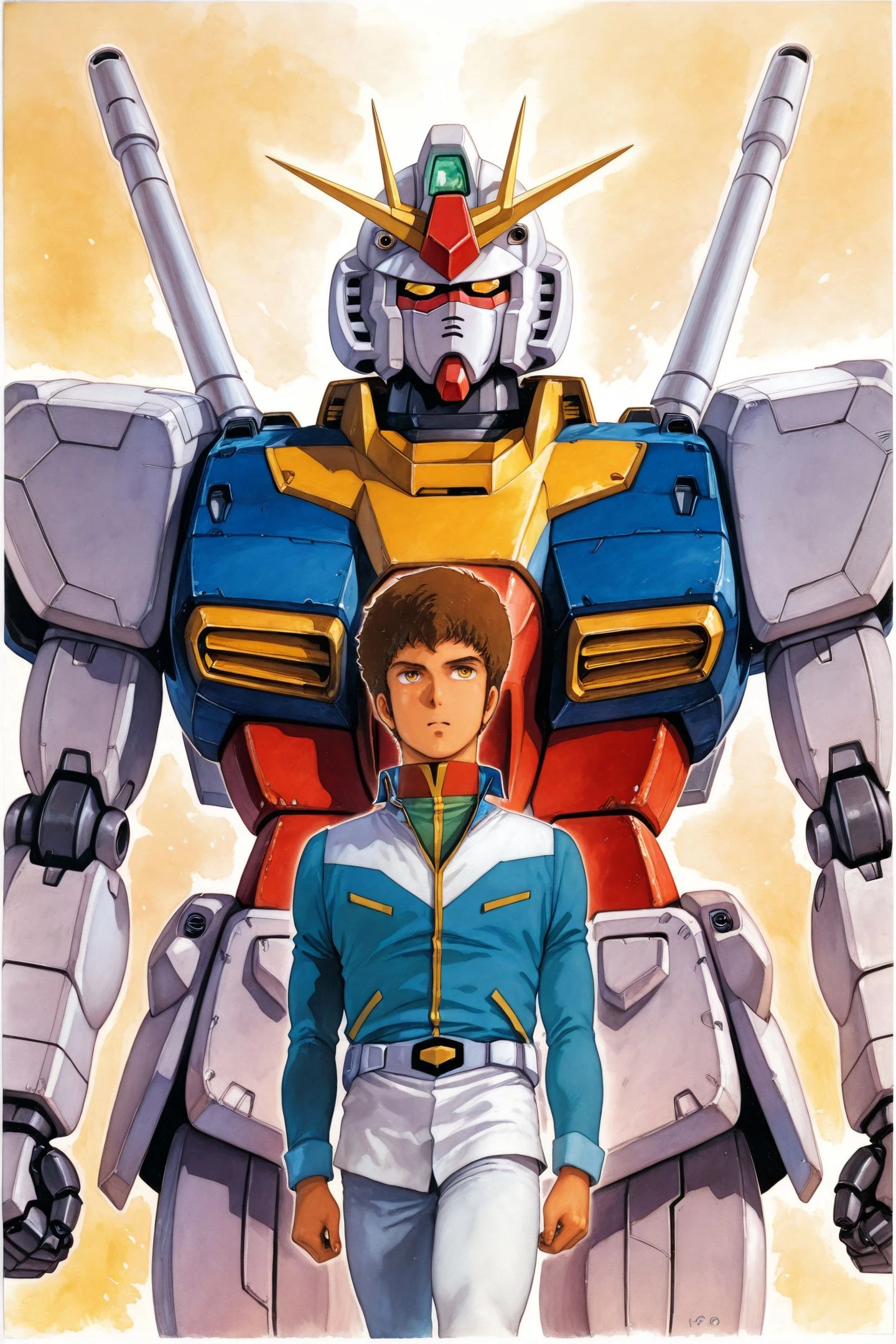 Amuro Ray,robot,mecha,1boy,brown hair,male focus,science fiction,v-fin,retro artstyle,jacket,pants,yellow eyes,traditional media,1980s \(style\),
<lora:Yoshikazu Yasuhiko_illustriousXL:1>,
