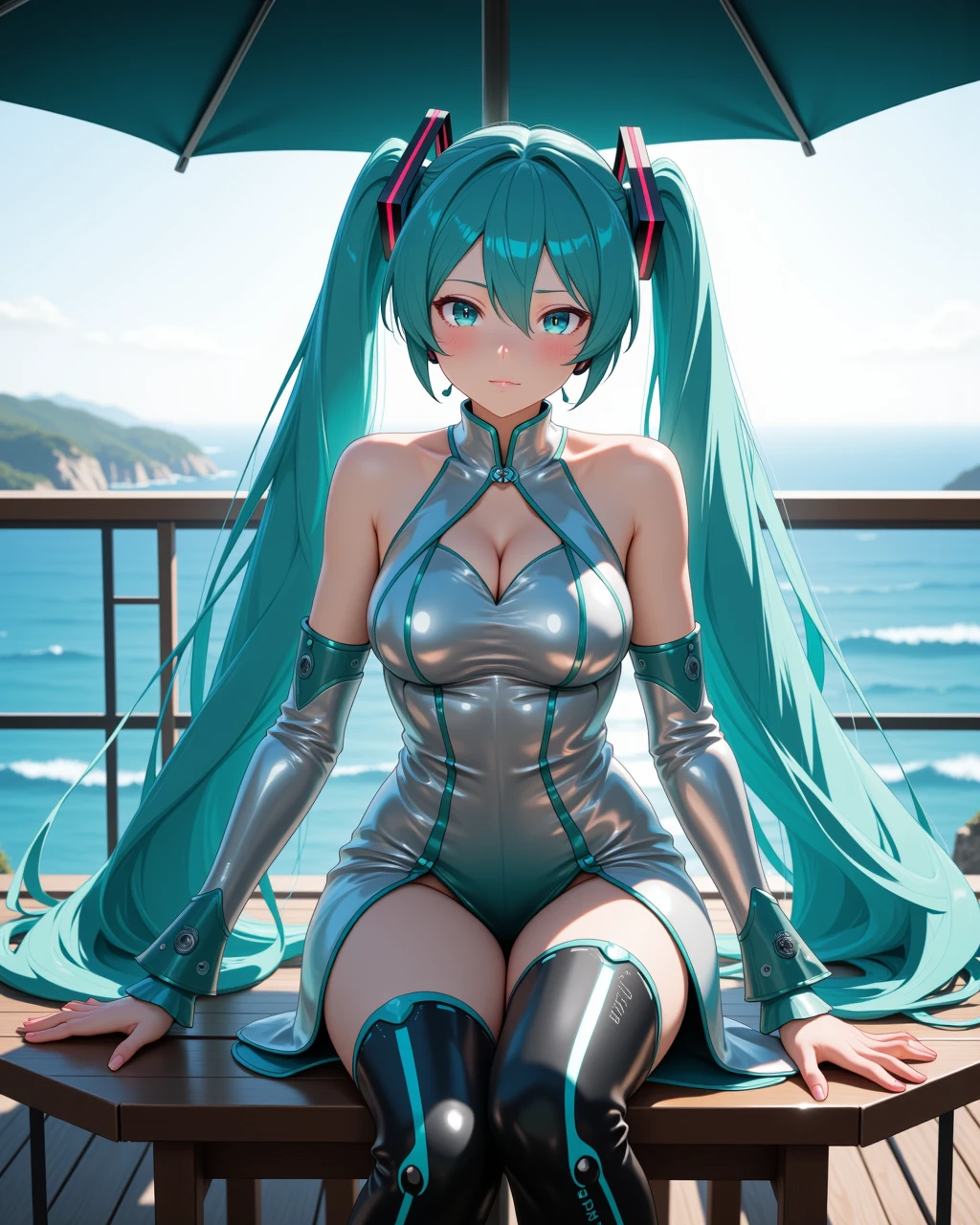 hyper quality、8K quality、High resolution、Image quality taken with a single-lens reflex camera、(SFW)、perfect anatomy、(Crimson theme)tragic mecha girl、A beautiful 20-year-old girl with medium-length blue hair.brown eyes(smile:1.5)(Good shape and normal breasts、cleavage:1.2)、(White Bikini Swimsuit:1.2)BREAK(The arms below the elbows and the legs below the knees are three-dimensional mechanical parts.)BREAK(perfect anatomy:1.4)(sitting:1.2)BREAK(Sunny skies and some clouds)(Poolside resort:1.5)