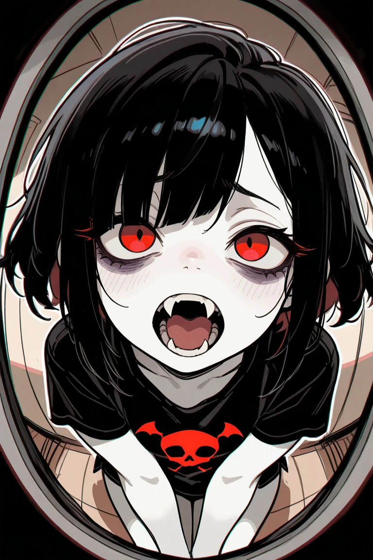 gothic_glittercore, masterpiece,best quality,amazing quality, 1 girl, cramped space, fisheye lens, from above, red eyes, bags under eyes, uneven bangs, t-shirt, sketch, vampire, white skin, illustration, fangs
white outline glow, chromatic aberration, high res image