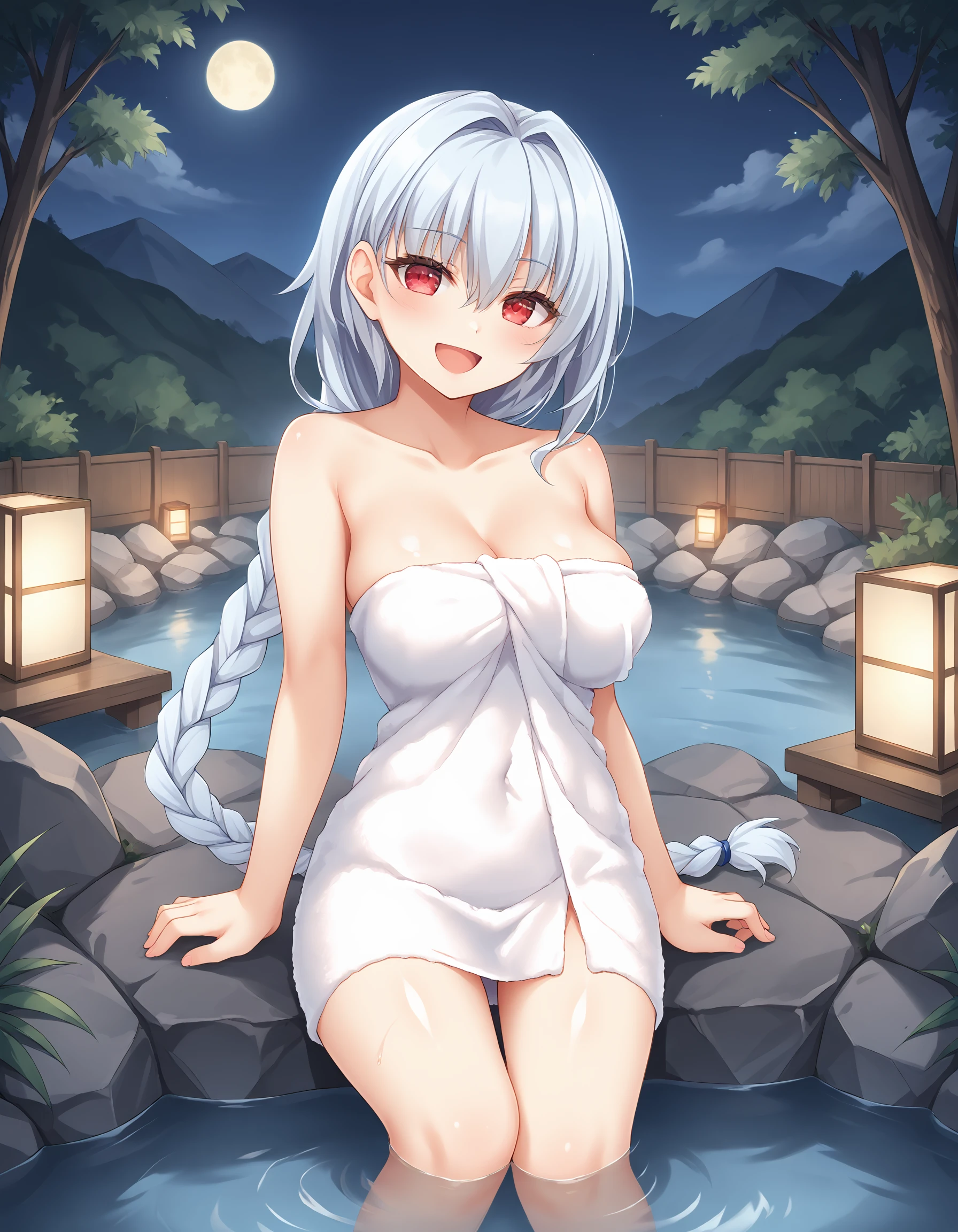 core_9, score_8_up, score_7_up, ShishiroBotan, long hair, two side up, ear piercing, lion tail, arm up, bathing, blush, breasts, completely nude, knees up, onsen, partially submerged, steam, water, wet, wooden bucket, white towel, <lora:CHAR-ShishiroBotanPonyXL:1>