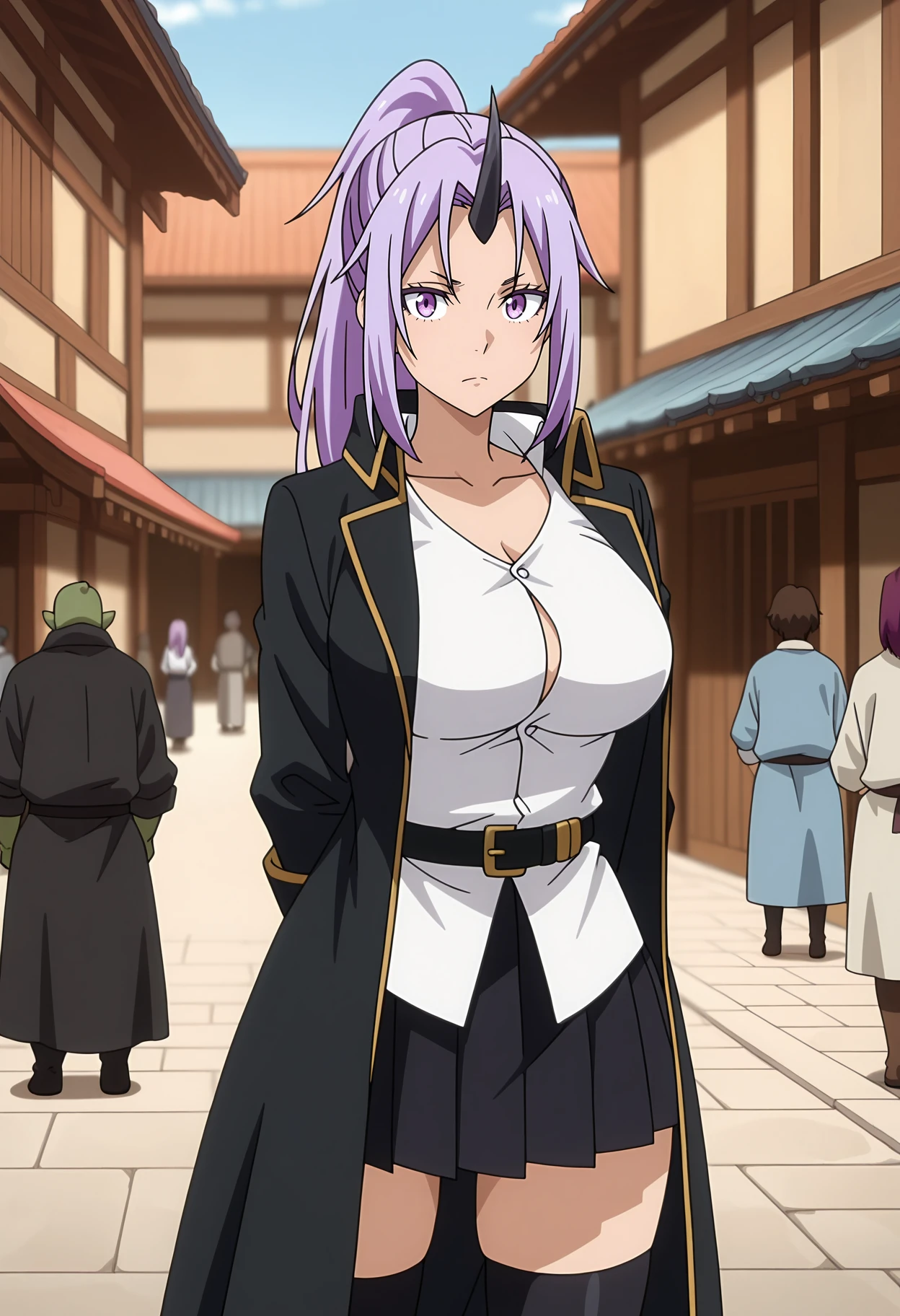 shion1 girl, belt, chest, cleavage, clavicle, holding, holding_sword, holding_arm, Horns, knife, big_chest, length_hair, Open_mouth, pants, ponytail, purple_eye, purple_hair, purple_Jacket, shirt, single_Horn, alone, sword, very_length_hair, arm, forest background, forest background