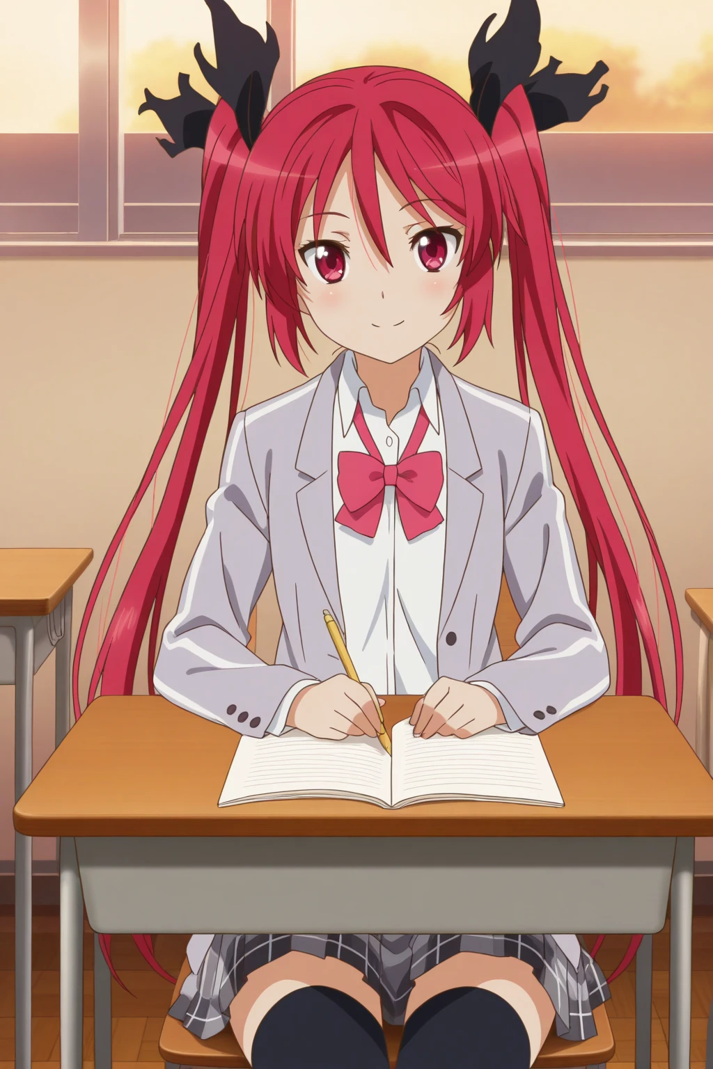 very awa, detailed eyes, shining eyes, masterpiece, best quality, ultra-detailed, (8k), (hdr), absurdres, looking at viewer, solo, 1girl, girl, indoors, classroom, smile, aakuuko, red eyes, red hair, twintails, black ribbon, black hair ribbon, kuukoschool, school uniform, red bow, dress shirt, collared shirt, blazer, grey jacket, grey skirt, plaid skirt, pleated skirt, black thighhighs, ((sitting at desk, studying, cowboy shot))