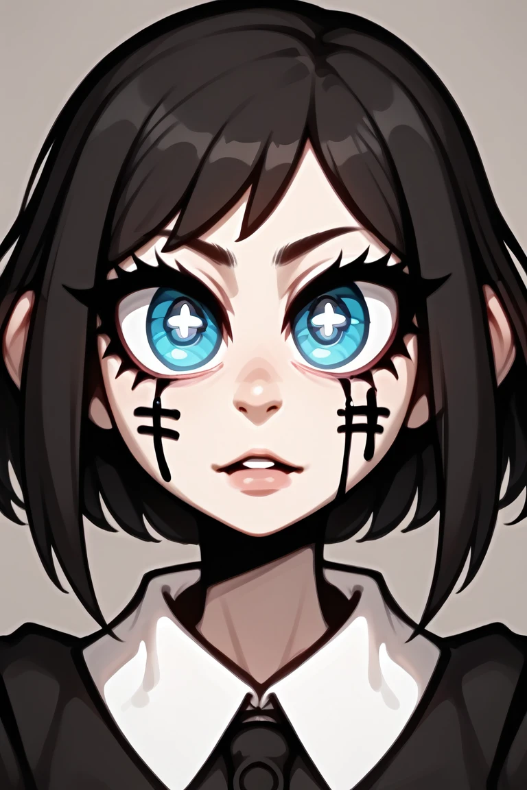 1girl,portrait, uneven bangs, face writing, almond eyes, solemn, big eyes
gothic_glittercore