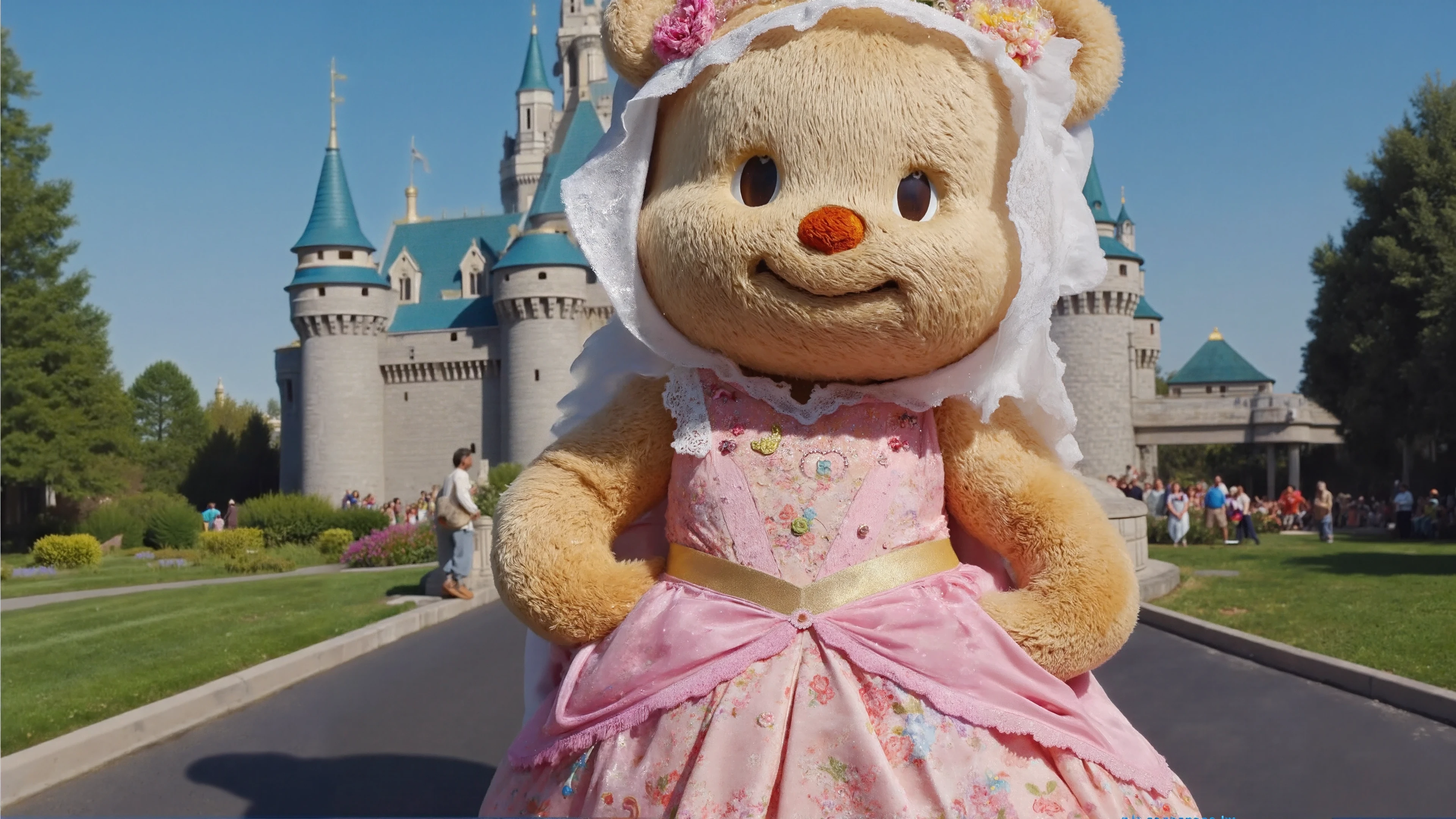 Butterbear, Thai, fur, realistic, fuzzy, fantasy character, fun, whimsical, princess, she is wearing a princess dress and a crown standing in front of her royal castle, desktop wallpaper, full body in frame, RAW photo, detailed photograph,8K,extreme photography,masterpiece,trending, pulls the viewer in,film grain,photographed on a Sony A7R IV,18mm F/1.7 cine lens,(highly detailed, intricately detailed),HDR, cinematic film still, highly detailed, high budget, cinemascope, colourful