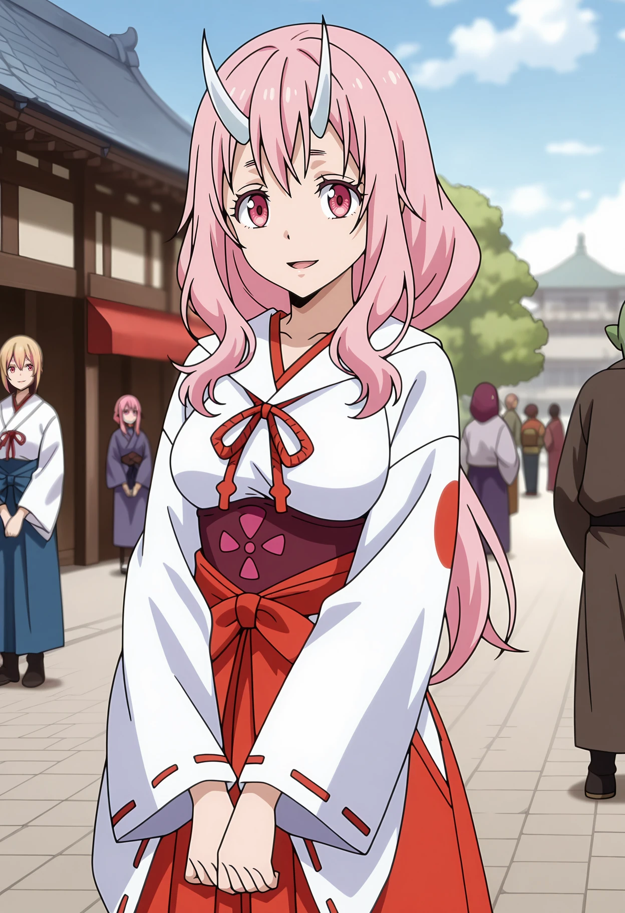 anime screencap, masterpiece, best quality,
<lora:TenSura_Shuna_IlluXL:0.9>,
1girl, solo, open mouth, light smile,
long hair, pink hair, pink eyes, white horns,
miko, white kimono, red ribbon, ribbon-trimmed sleeves, underbust, red hakama,
v arms, looking at viewer, cowboy shot,
east asian architecture, city, street, medieval, people, orc, outdoors, blue sky, solo focus, blurry background